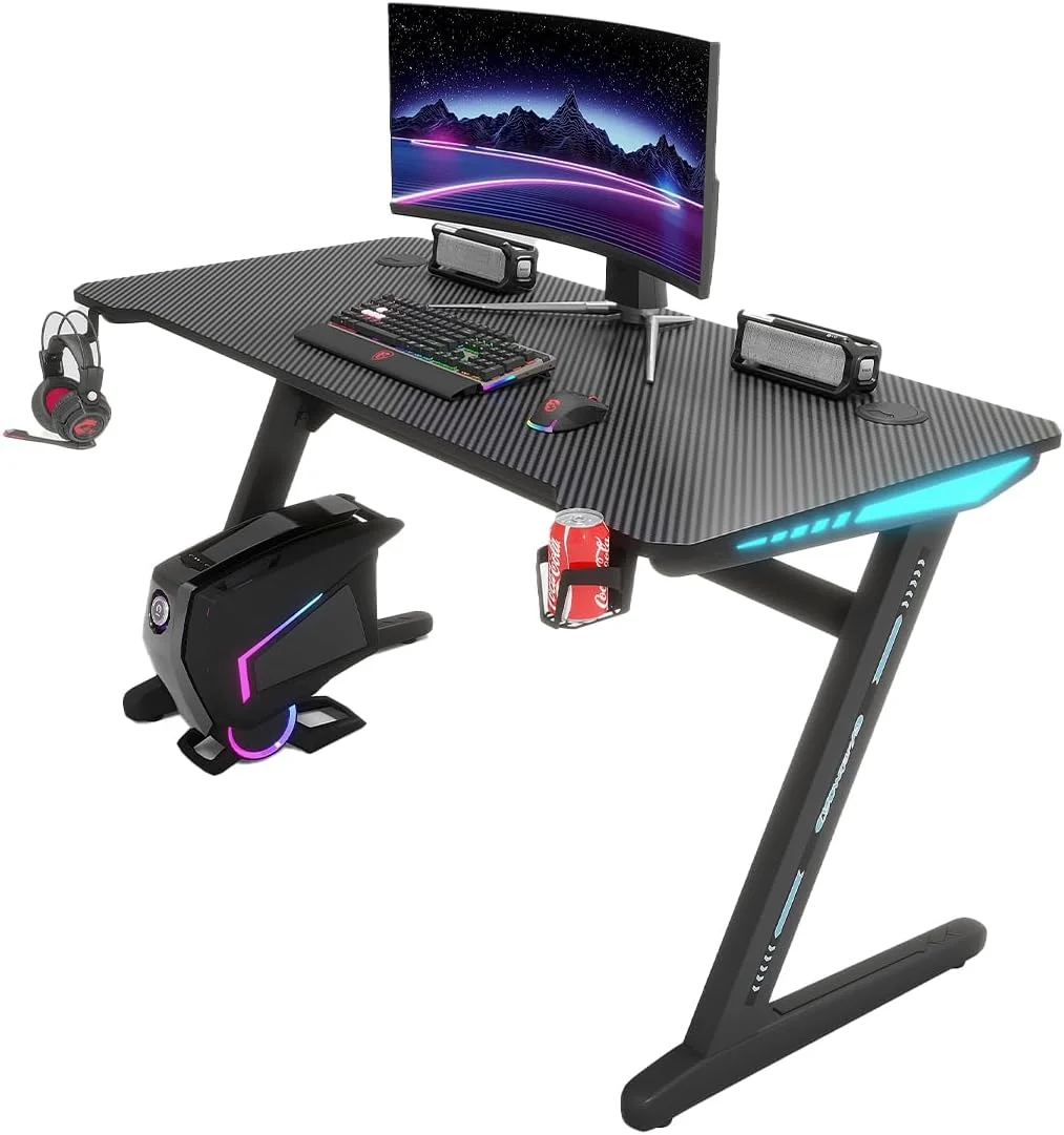 میز کامپیوتر گیمینگ MEISHIDA با سطح فیبر کربن، میز بازی کامپیوتر Z شکل مناسب برای دفتر کار خانگی با جا لیوانی و قلاب هدفون، پد ماوس (120 * 60 سانتی متر) (مشکی)
