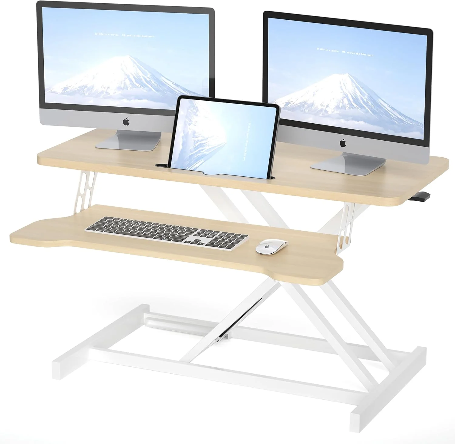 تبدیل میز ایستاده OUUTMEE، میز ایستاده با قابلیت تنظیم ارتفاع با سینی صفحه کلید، بالابر ارگونومیک نشسته به ایستاده، برای لپ تاپ و مانیتور میز بازی اداری خانگی، اندازه رویه میز 91x40 سانتی متر رنگ چوب