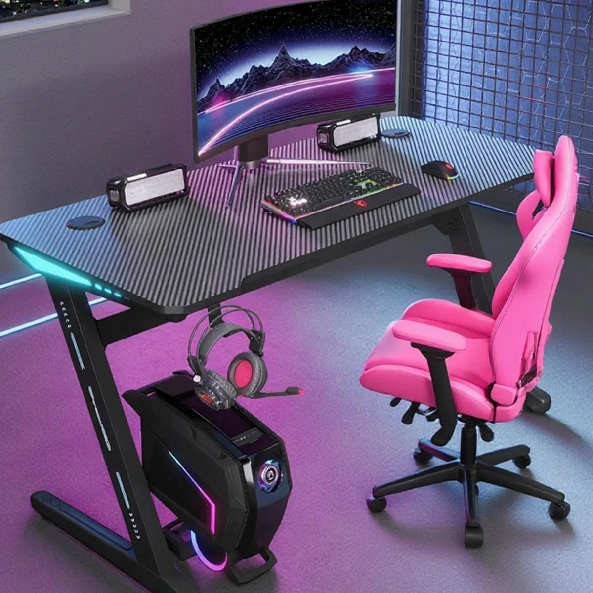 میز کامپیوتر گیمینگ MEISHIDA با سطح فیبر کربن، میز بازی کامپیوتر Z شکل مناسب برای دفتر کار خانگی با جا لیوانی و قلاب هدفون، پد ماوس (120 * 60 سانتی متر) (مشکی) میز کامپیوتر گیمینگ MEISHIDA با سطح فیبر کربن، میز بازی کامپیوتر Z شکل مناسب برای دفتر کار خانگی با جا لیوانی و قلاب هدفون، پد ماوس (120 * 60 سانتی متر) (مشکی)