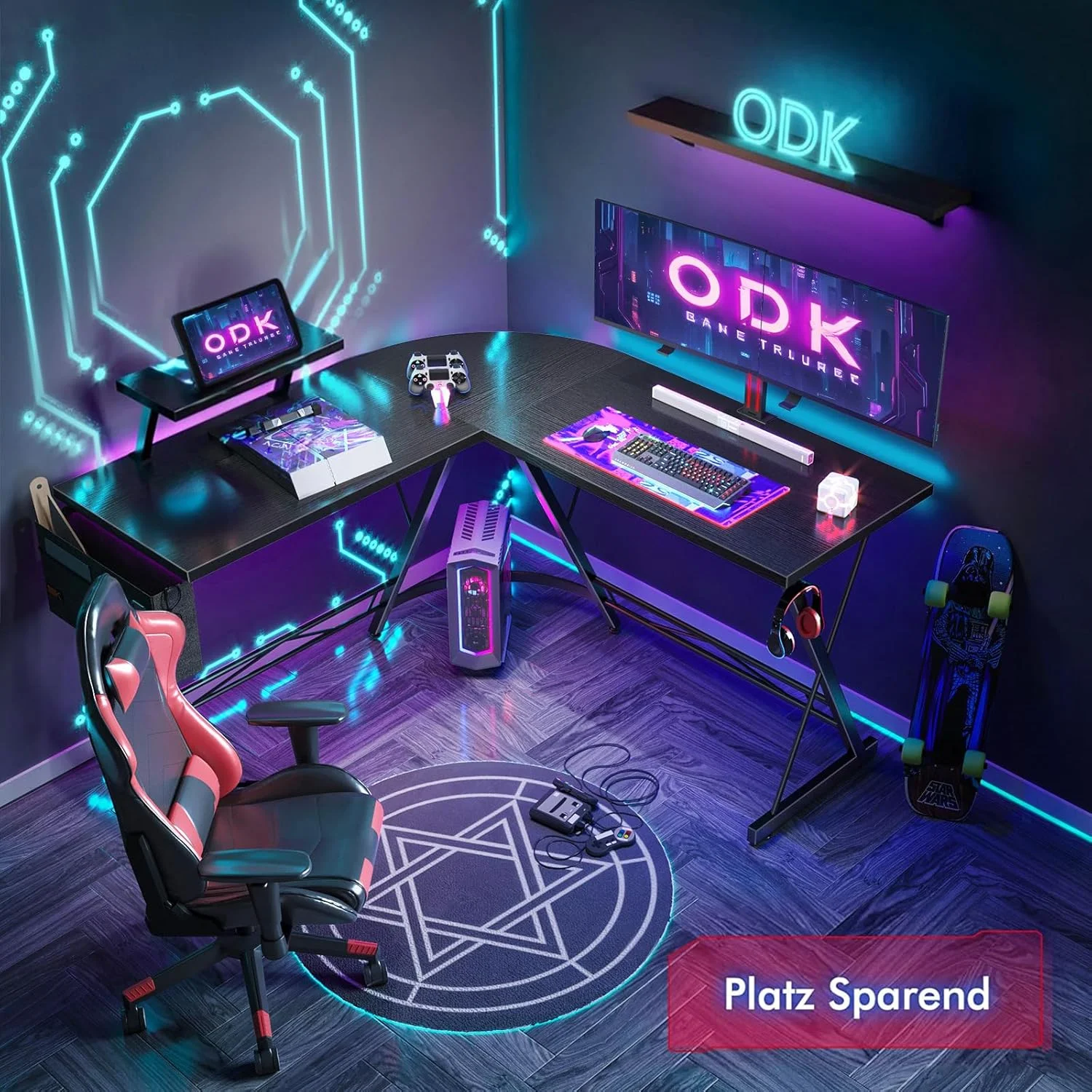 میز گیمینگ ODK، میز کامپیوتر، میز گیمینگ با گوشه گرد، میز گیمینگ با قفسه مانیتور، 127 x 127 سانتی متر، مشکی