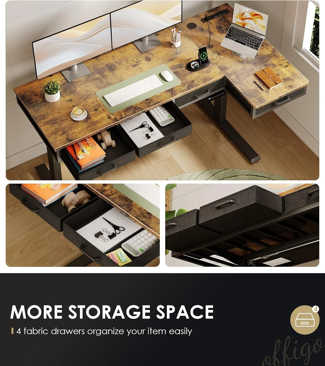 میز تحریر برقی ایستاده L شکل OffiGo با ابعاد 63 اینچ به همراه کشو، میز بزرگ با قابلیت تنظیم ارتفاع و پریز برق، میز کامپیوتر برای خانه، دفتر کار، ایستگاه کاری، قهوه ای روستیک میز تحریر برقی ایستاده L شکل OffiGo با ابعاد 63 اینچ به همراه کشو، میز بزرگ با قابلیت تنظیم ارتفاع و پریز برق، میز کامپیوتر برای خانه، دفتر کار، ایستگاه کاری، قهوه ای روستیک