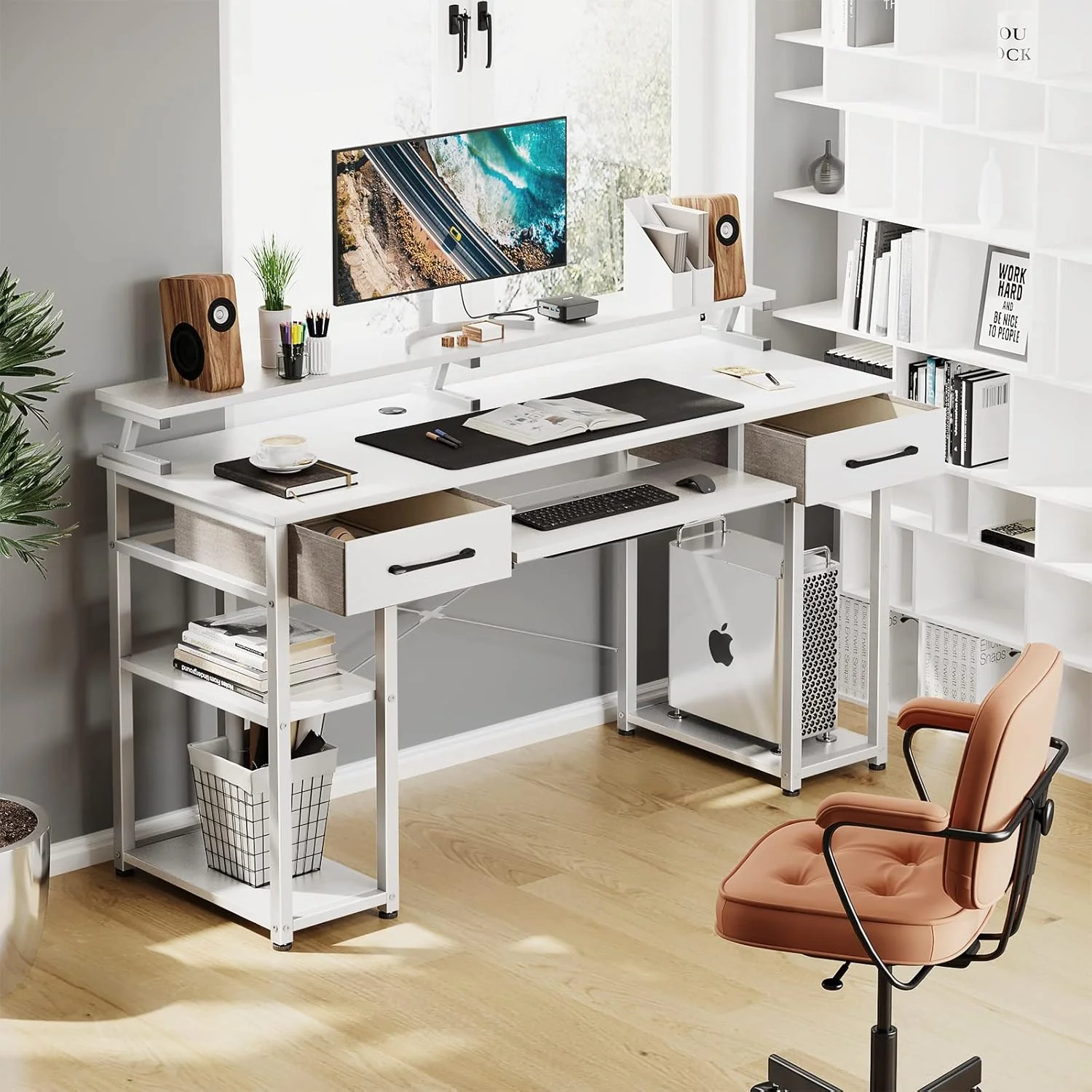 میز تحریر ODK با کشو، میز کامپیوتر با قفسه، میز اداری با ابعاد ۱۲۰x۴۸x۹۰ سانتی متر به همراه پایه مانیتور و پایه کیس، مناسب برای دفتر کار خانگی، اداره، اتاق نشیمن (سفید)