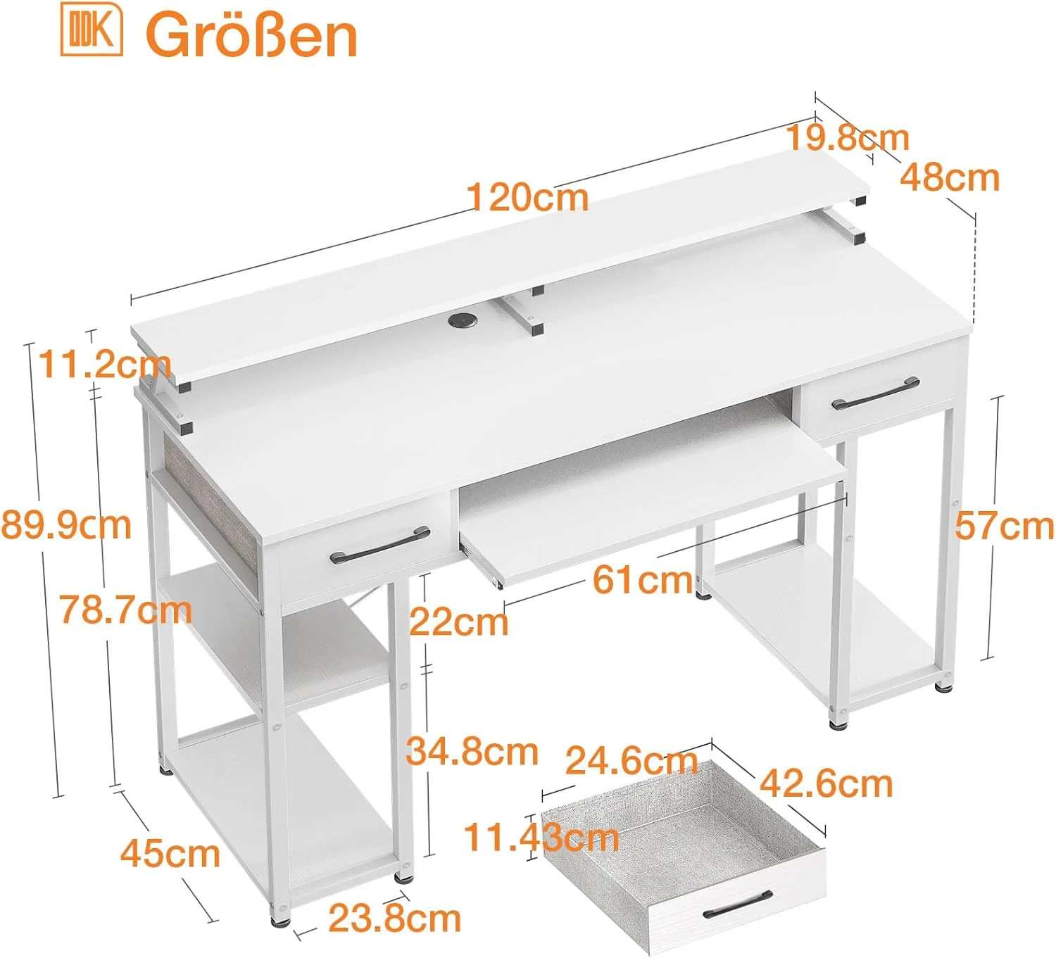 میز تحریر ODK با کشو، میز کامپیوتر با قفسه، میز اداری با ابعاد ۱۲۰x۴۸x۹۰ سانتی متر به همراه پایه مانیتور و پایه کیس، مناسب برای دفتر کار خانگی، اداره، اتاق نشیمن (سفید)