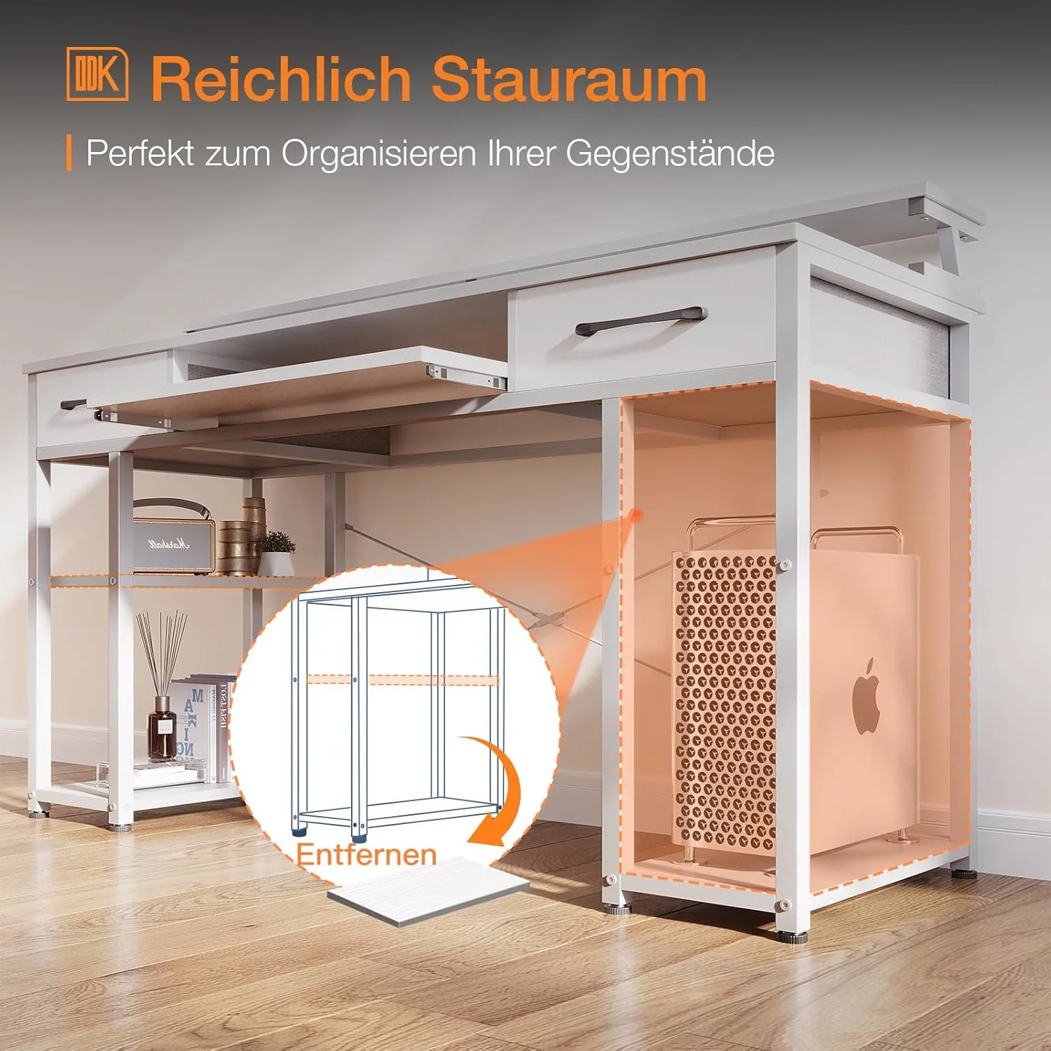 میز تحریر ODK با کشو، میز کامپیوتر با قفسه، میز اداری با ابعاد ۱۲۰x۴۸x۹۰ سانتی متر به همراه پایه مانیتور و پایه کیس، مناسب برای دفتر کار خانگی، اداره، اتاق نشیمن (سفید)