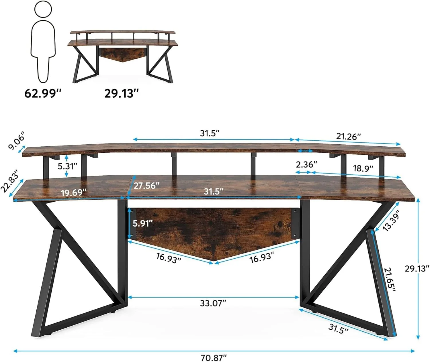 میز کامپیوتر ال شکل رویال پولار با پایه کیس، میز گوشه ای با قفسه های ذخیره سازی، میز تحریر چوبی برای دفتر کار خانگی، ایستگاه کاری با قفسه بندی توری برای بازی و نوشتن (قهوه ای روستیک، 180 سانتی متر)