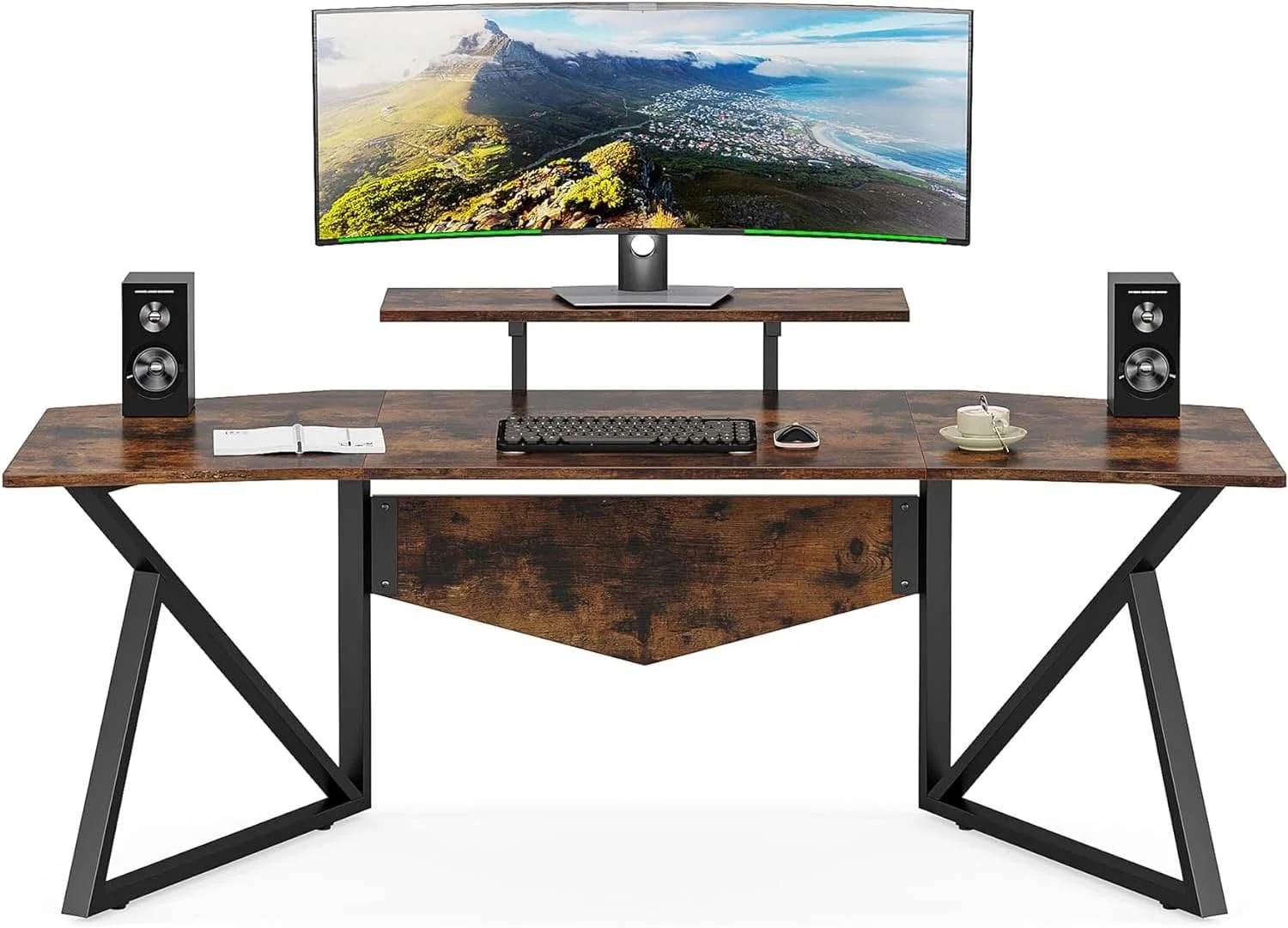 میز کامپیوتر ال شکل رویال پولار با پایه کیس، میز گوشه ای با قفسه های ذخیره سازی، میز تحریر چوبی برای دفتر کار خانگی، ایستگاه کاری با قفسه بندی توری برای بازی و نوشتن (قهوه ای روستیک، 180 سانتی متر)