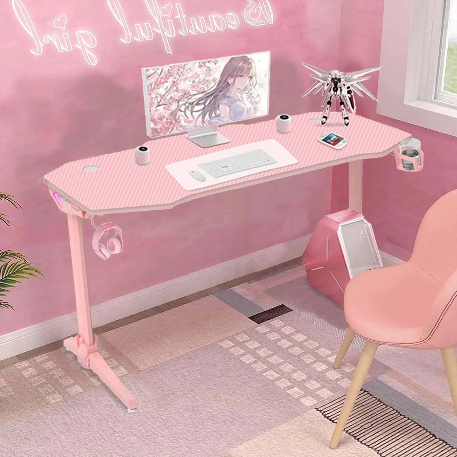 میز گیمینگ فیبر کربنی ROYAL POLAR، میز کامپیوتر ۱۲۰ سانتی متری، میز گیمر، میز مطالعه خانگی، ایستگاه کاری، میز کامپیوتر با پایه فولادی کربنی و نگهدارنده هدفون، میز گوشه ای صورتی