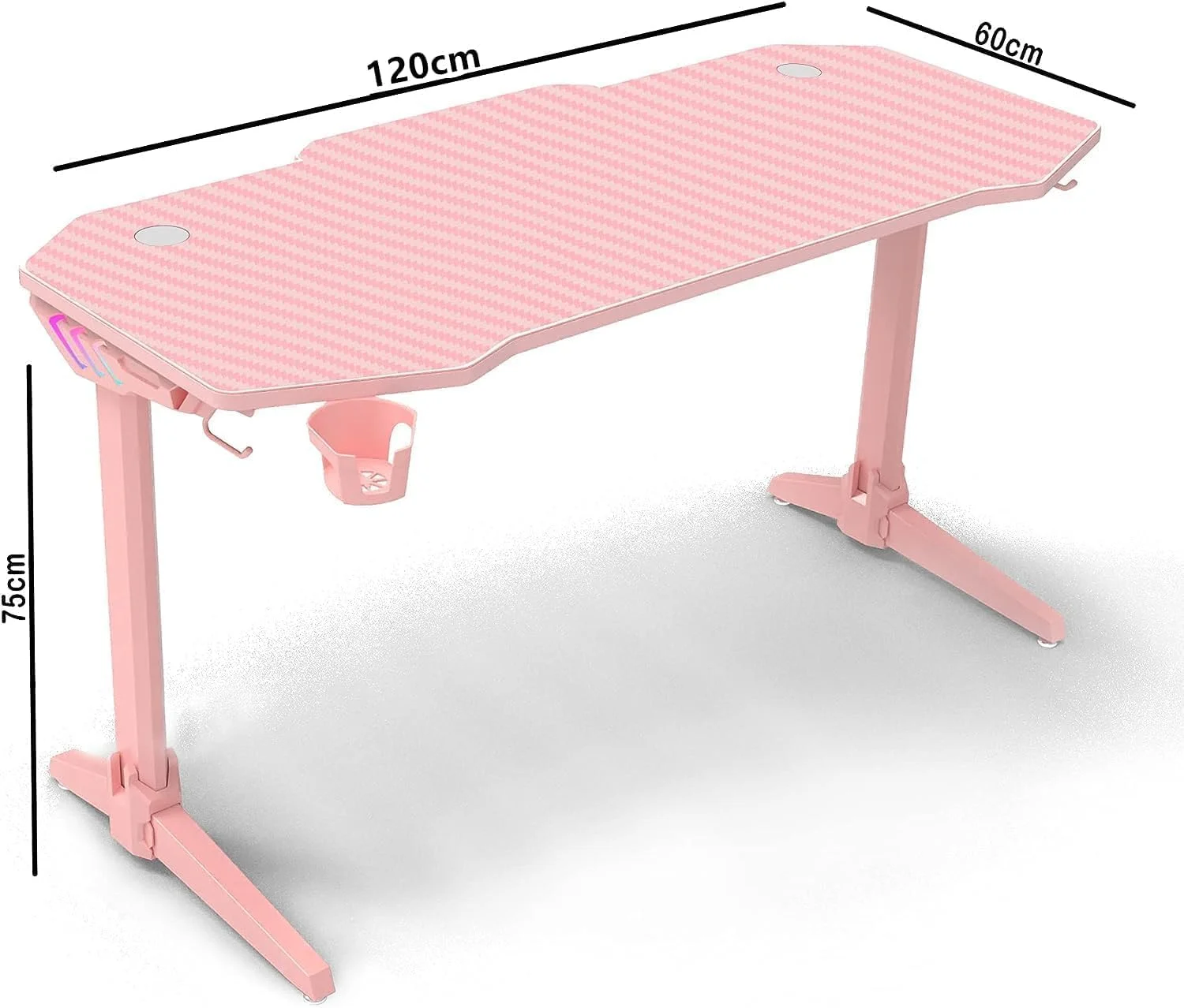 میز گیمینگ فیبر کربنی ROYAL POLAR، میز کامپیوتر ۱۲۰ سانتی متری، میز گیمر، میز مطالعه خانگی، ایستگاه کاری، میز کامپیوتر با پایه فولادی کربنی و نگهدارنده هدفون، میز گوشه ای صورتی
