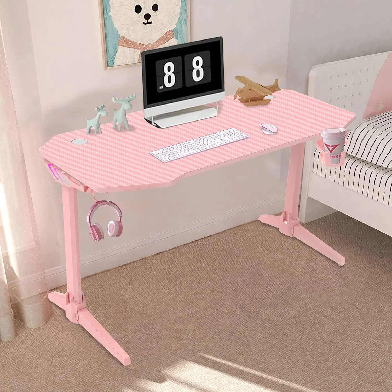 میز گیمینگ فیبر کربنی ROYAL POLAR، میز کامپیوتر ۱۲۰ سانتی متری، میز گیمر، میز مطالعه خانگی، ایستگاه کاری، میز کامپیوتر با پایه فولادی کربنی و نگهدارنده هدفون، میز گوشه ای صورتی