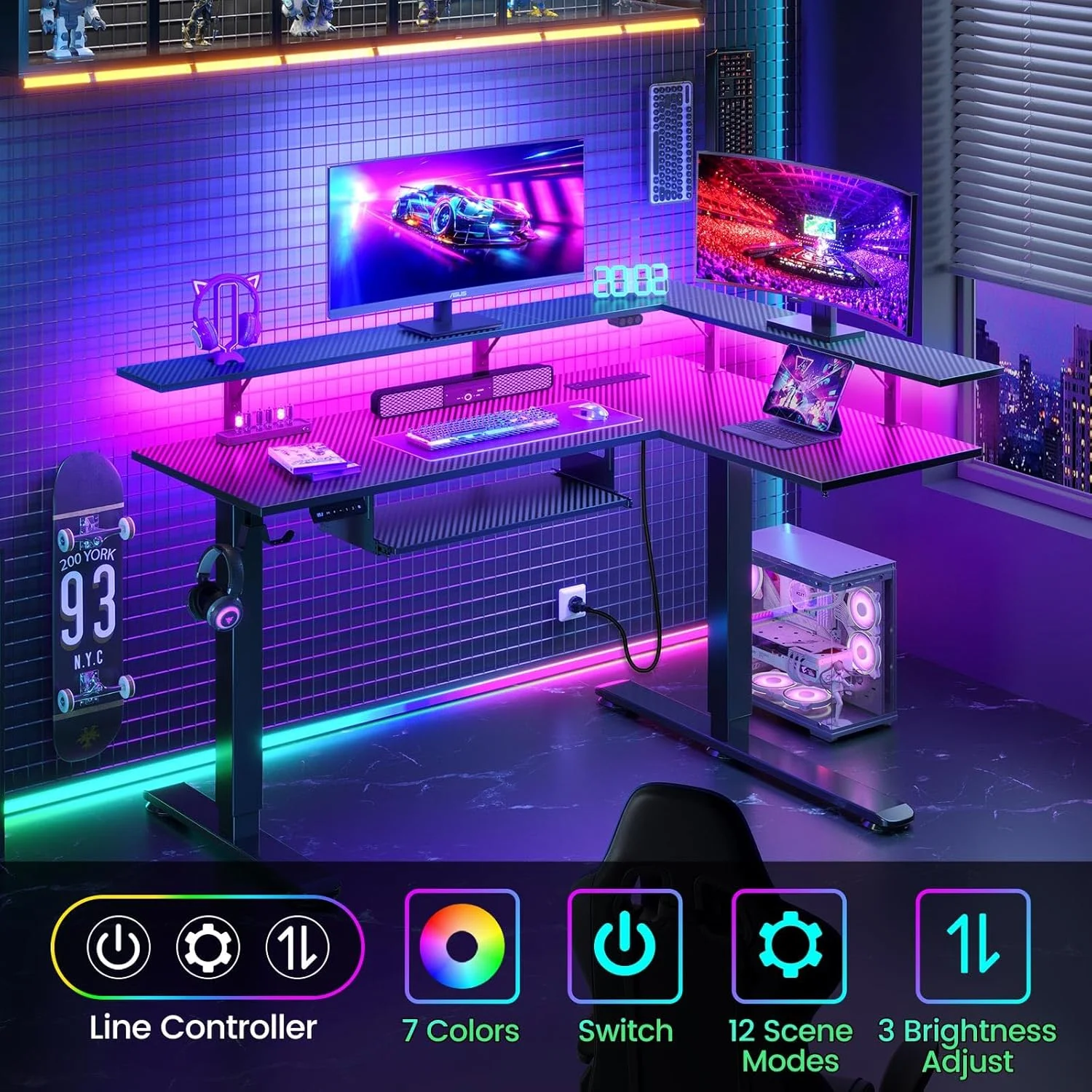 میز ایستاده ال شکل رولان استار با سینی کیبورد، میز گوشه ای با قابلیت تنظیم ارتفاع با نور ال ای دی و پریز برق، میز کامپیوتر برقی با پایه مانیتور، مشکی فیبر کربنی میز ایستاده ال شکل رولان استار با سینی کیبورد، میز گوشه ای با قابلیت تنظیم ارتفاع با نور ال ای دی و پریز برق، میز کامپیوتر برقی با پایه مانیتور، مشکی فیبر کربنی