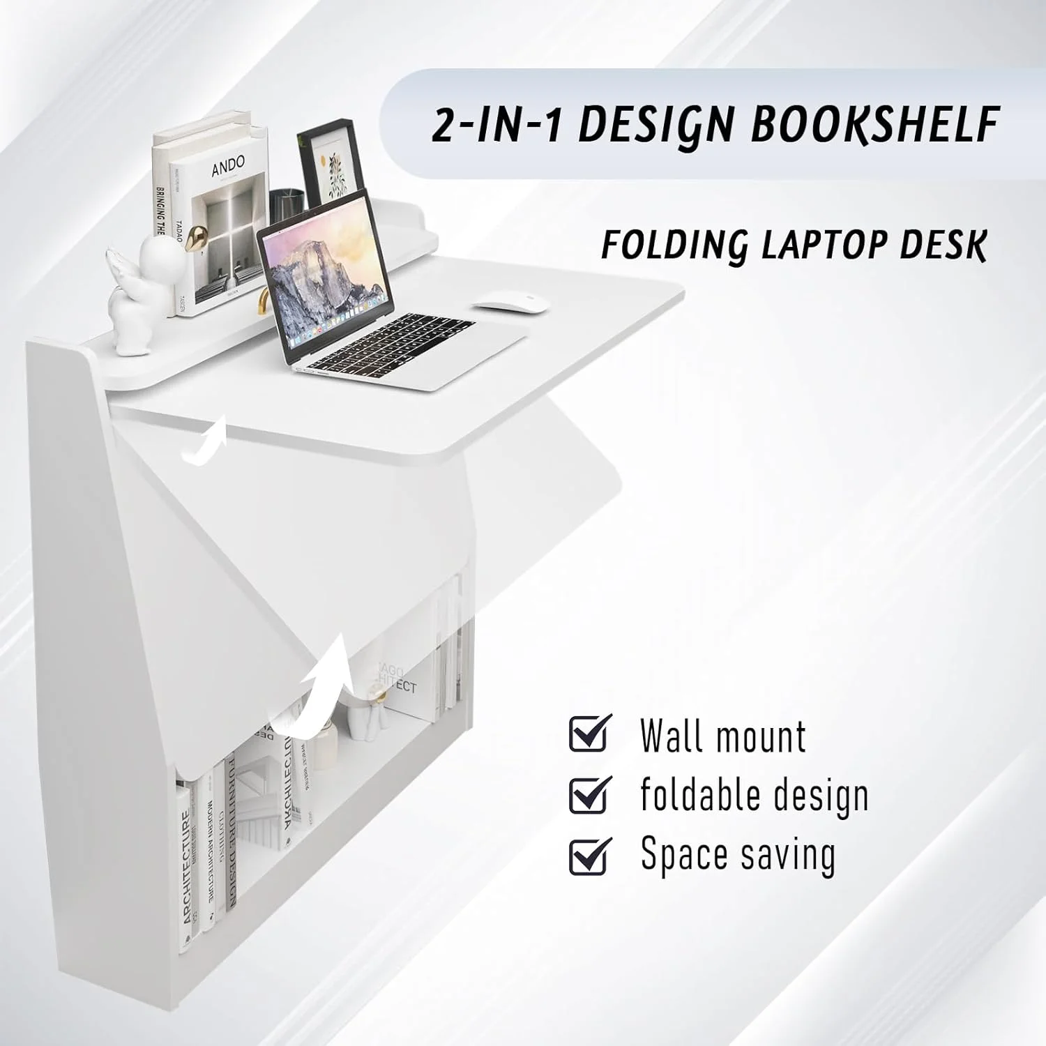 میز تاشو دیواری Pmnianhua، میز لپ‌تاپ چوبی، قفسه تاشو آویز، ایستگاه کاری کامپیوتر چند منظوره با محفظه‌های ذخیره‌سازی در دفتر کار خانگی برای صرفه‌جویی در فضا (سفید)