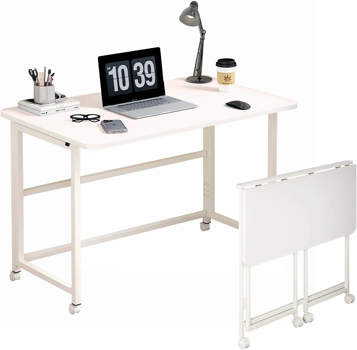 میز کامپیوتر تاشو با قفسه ذخیره سازی، میز کار خانگی چرخ دار برای ایستگاه کاری کامپیوتر (سفید) میز کامپیوتر تاشو با قفسه ذخیره سازی، میز کار خانگی چرخ دار برای ایستگاه کاری کامپیوتر (سفید)