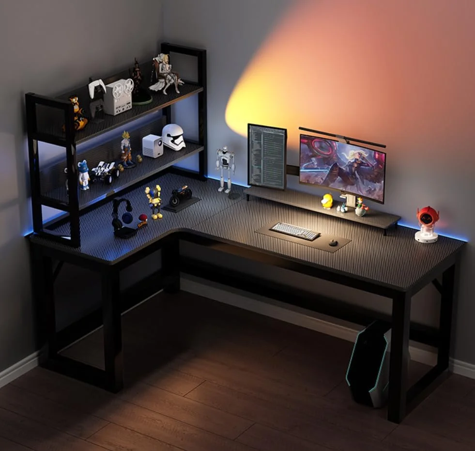 میز بازی L شکل - میز کامپیوتر جادار با قفسه کتاب، ایده آل برای خانه و دفتر (مشکی) میز بازی L شکل - میز کامپیوتر جادار با قفسه کتاب، ایده آل برای خانه و دفتر (مشکی)