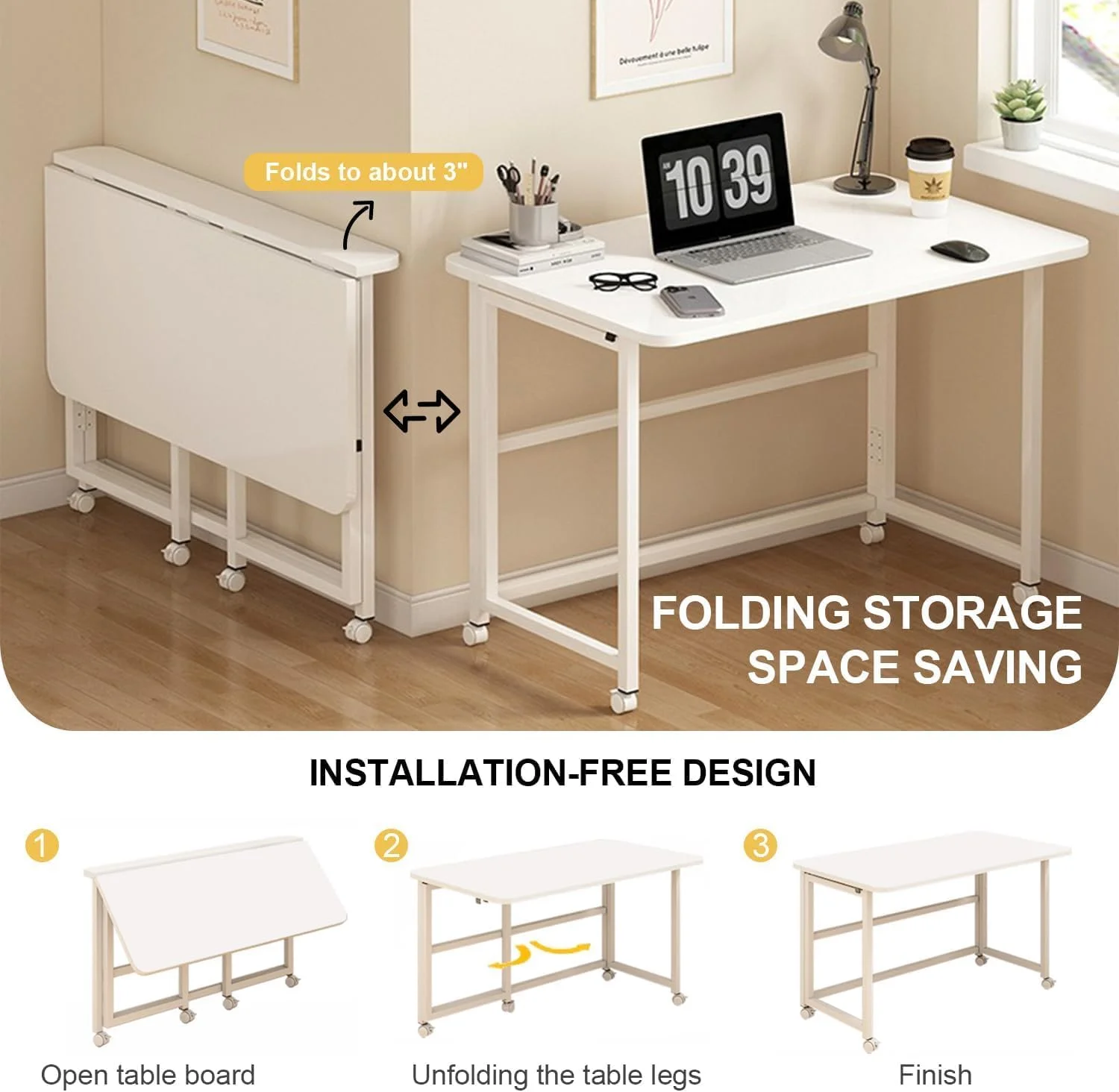 میز کامپیوتر تاشو با قفسه ذخیره سازی، میز کار خانگی چرخ دار برای ایستگاه کاری کامپیوتر (سفید) میز کامپیوتر تاشو با قفسه ذخیره سازی، میز کار خانگی چرخ دار برای ایستگاه کاری کامپیوتر (سفید)