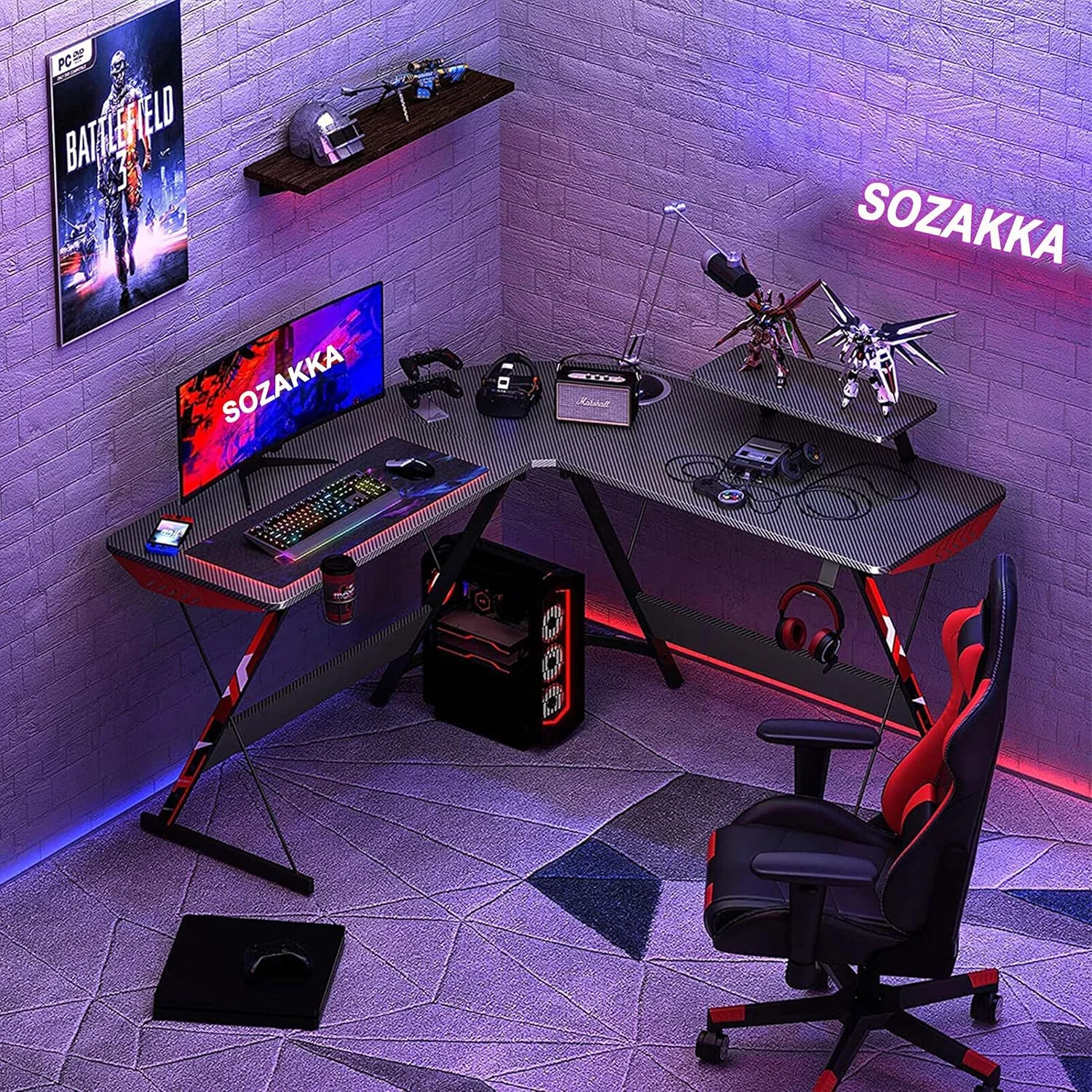 میز گیمینگ ال شکل SOZAKKA با سطح فیبر کربنی، میز کامپیوتر گوشه ای ال شکل با قفسه مانیتور، میز بازی با جا لیوانی و قلاب هدفون، مشکی، 51 اینچ (فیبر کربنی) میز گیمینگ ال شکل SOZAKKA با سطح فیبر کربنی، میز کامپیوتر گوشه ای ال شکل با قفسه مانیتور، میز بازی با جا لیوانی و قلاب هدفون، مشکی، 51 اینچ (فیبر کربنی)