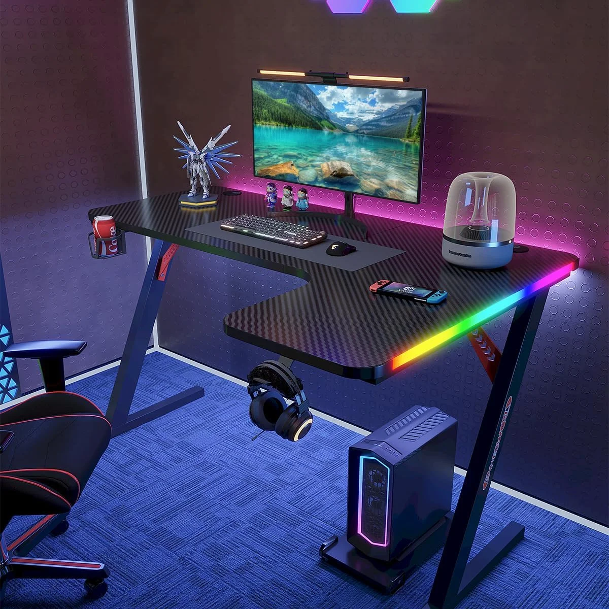 میز بازی با سطح فیبر کربنی، میز کامپیوتر L شکل برای دفتر کار خانگی، چراغ های LED، دارای جا لیوانی، قلاب هدفون و پد ماوس (1، L شکل (راست)) میز بازی با سطح فیبر کربنی، میز کامپیوتر L شکل برای دفتر کار خانگی، چراغ های LED، دارای جا لیوانی، قلاب هدفون و پد ماوس (1، L شکل (راست))