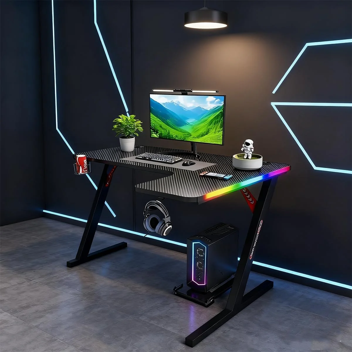 میز بازی با سطح فیبر کربنی، میز کامپیوتر L شکل برای دفتر کار خانگی، چراغ های LED، دارای جا لیوانی، قلاب هدفون و پد ماوس (1، L شکل (راست)) میز بازی با سطح فیبر کربنی، میز کامپیوتر L شکل برای دفتر کار خانگی، چراغ های LED، دارای جا لیوانی، قلاب هدفون و پد ماوس (1، L شکل (راست))