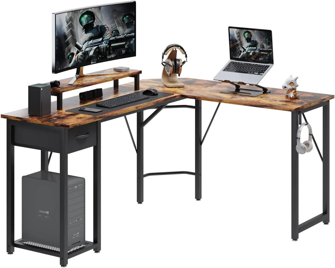 میز کامپیوتر TREETALK، میز L شکل با پایه مانیتور بزرگ، میز گوشه ای لپ تاپ PC قابل تعویض با کشو پارچه ای و قفسه فلزی، میز بازی برای دفتر کار منزل (قهوه ای روستایی) میز کامپیوتر TREETALK، میز L شکل با پایه مانیتور بزرگ، میز گوشه ای لپ تاپ PC قابل تعویض با کشو پارچه ای و قفسه فلزی، میز بازی برای دفتر کار منزل (قهوه ای روستایی)