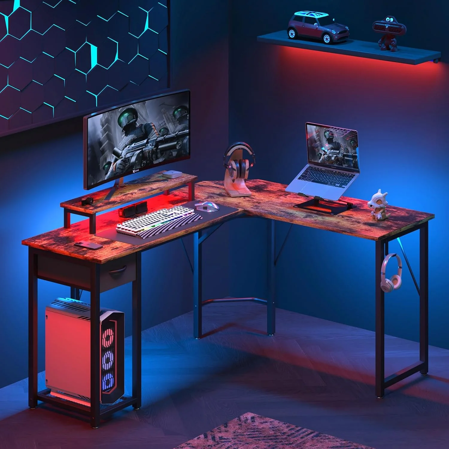 میز کامپیوتر TREETALK، میز L شکل با پایه مانیتور بزرگ، میز گوشه ای لپ تاپ PC قابل تعویض با کشو پارچه ای و قفسه فلزی، میز بازی برای دفتر کار منزل (قهوه ای روستایی) میز کامپیوتر TREETALK، میز L شکل با پایه مانیتور بزرگ، میز گوشه ای لپ تاپ PC قابل تعویض با کشو پارچه ای و قفسه فلزی، میز بازی برای دفتر کار منزل (قهوه ای روستایی)