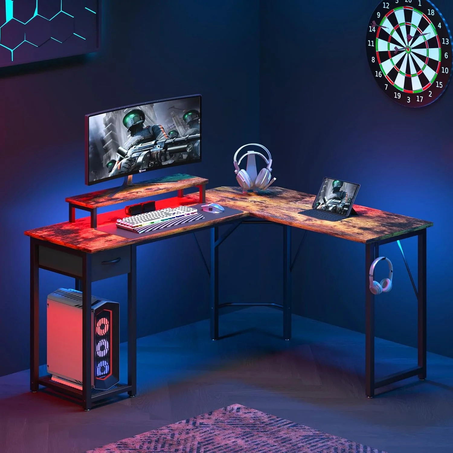 میز کامپیوتر TREETALK، میز L شکل با پایه مانیتور بزرگ، میز گوشه ای لپ تاپ PC قابل تعویض با کشو پارچه ای و قفسه فلزی، میز بازی برای دفتر کار منزل (قهوه ای روستایی) میز کامپیوتر TREETALK، میز L شکل با پایه مانیتور بزرگ، میز گوشه ای لپ تاپ PC قابل تعویض با کشو پارچه ای و قفسه فلزی، میز بازی برای دفتر کار منزل (قهوه ای روستایی)