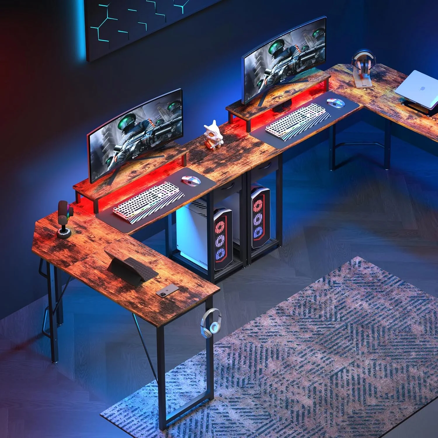 میز کامپیوتر TREETALK، میز L شکل با پایه مانیتور بزرگ، میز گوشه ای لپ تاپ PC قابل تعویض با کشو پارچه ای و قفسه فلزی، میز بازی برای دفتر کار منزل (قهوه ای روستایی) میز کامپیوتر TREETALK، میز L شکل با پایه مانیتور بزرگ، میز گوشه ای لپ تاپ PC قابل تعویض با کشو پارچه ای و قفسه فلزی، میز بازی برای دفتر کار منزل (قهوه ای روستایی)