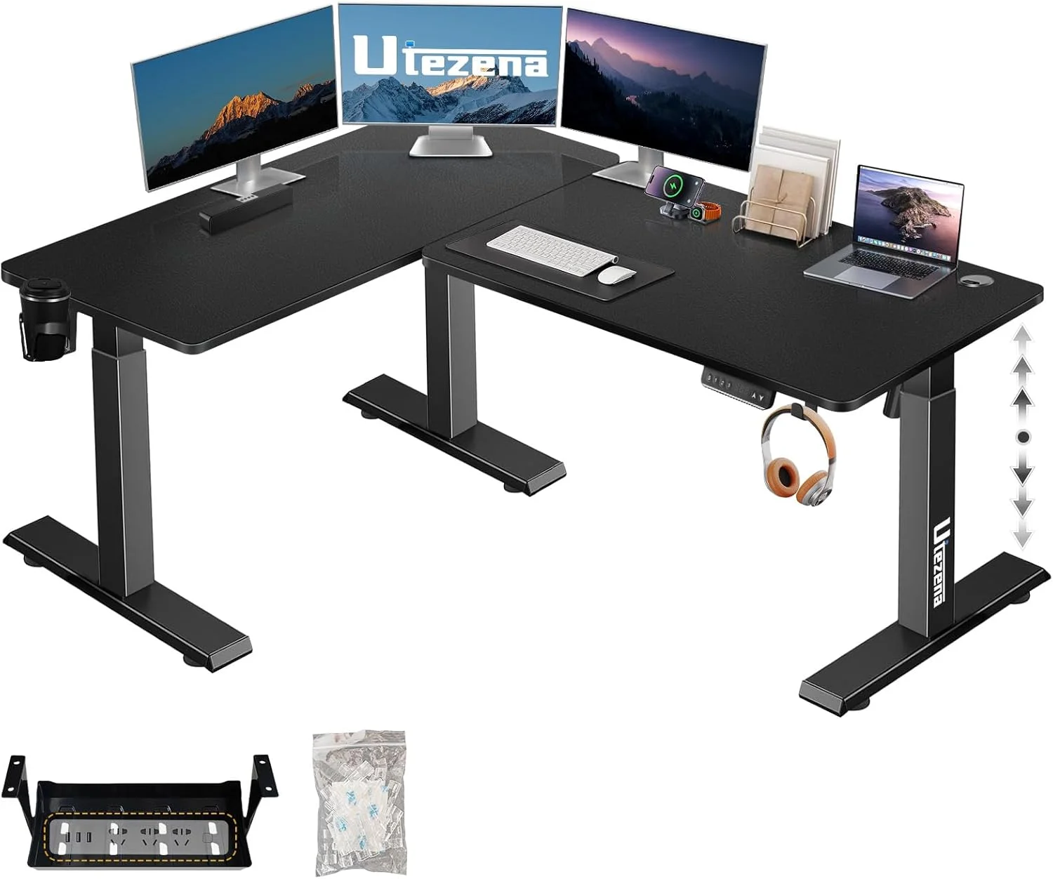 میز ایستاده ال شکل 160x120 سانتی متر، میز کامپیوتر قابل تنظیم ارتفاع برقی گوشه ای با موتور دوگانه، تخته اتصال، 3 حافظه از پیش تعیین شده، مدیریت کابل برای کار و بازی در خانه