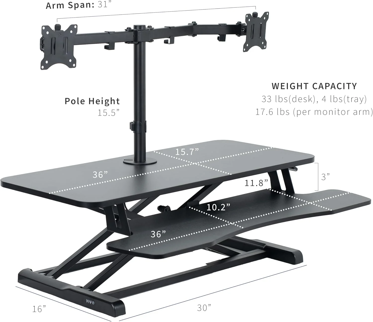 تبدیل میز نشسته به ایستاده ویوو با قابلیت تنظیم ارتفاع 36 اینچی به همراه پایه نگهدارنده دو مانیتوره 13 تا 30 اینچی، پایه مانیتور نشسته/ایستاده و بالابرنده میز، مشکی، DESK-V036K-M2