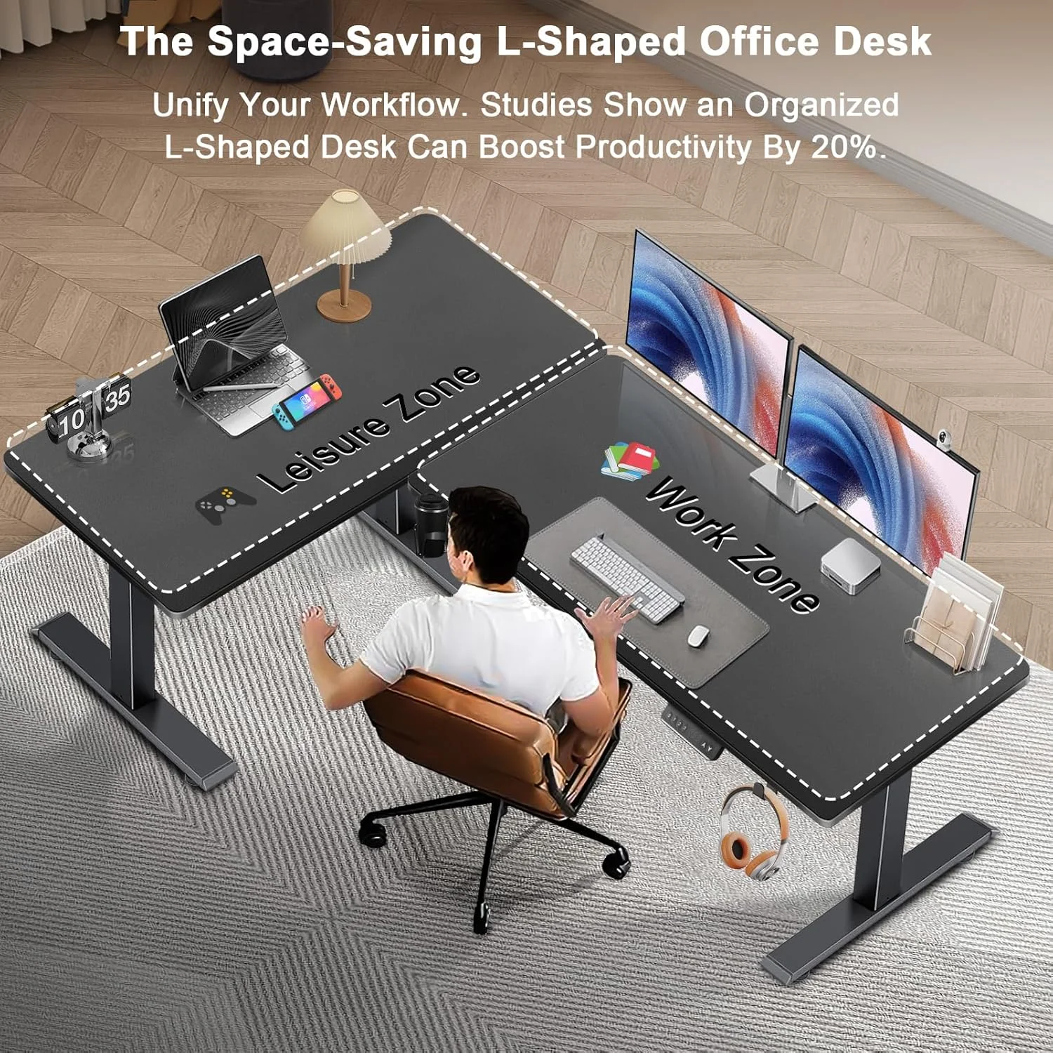 میز ایستاده ال شکل 160x120 سانتی متر، میز کامپیوتر قابل تنظیم ارتفاع برقی گوشه ای با موتور دوگانه، تخته اتصال، 3 حافظه از پیش تعیین شده، مدیریت کابل برای کار و بازی در خانه