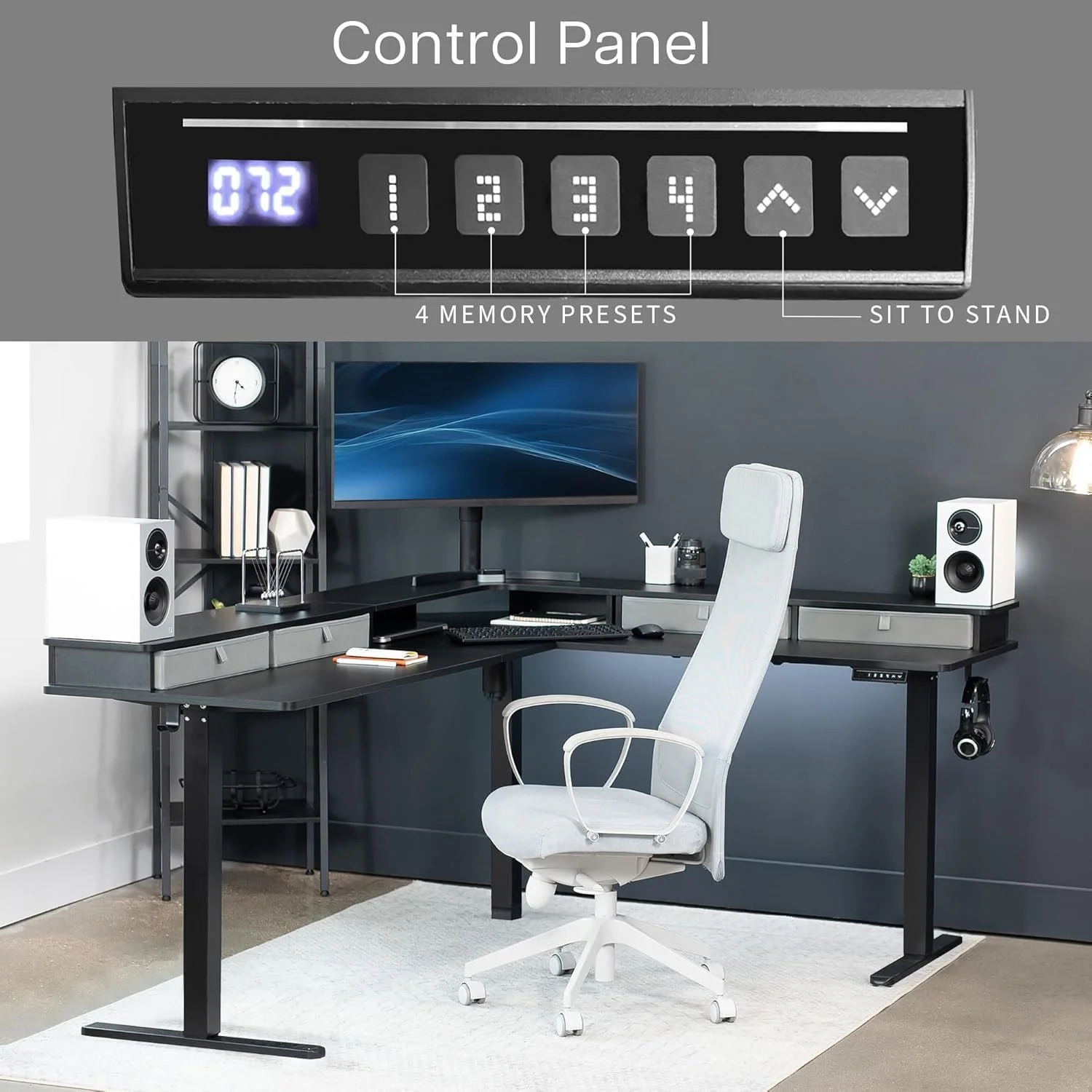 میز گوشه ای برقی موبایل VIVO، دو طبقه، 190.5 در 160 سانتی متر، میز ایستاده L شکل با قابلیت تنظیم ارتفاع، کنترلر حافظه، کشوهای ذخیره سازی، رویه مشکی و قاب مشکی، DESK-E3CVB-75 میز گوشه ای برقی موبایل VIVO، دو طبقه، 190.5 در 160 سانتی متر، میز ایستاده L شکل با قابلیت تنظیم ارتفاع، کنترلر حافظه، کشوهای ذخیره سازی، رویه مشکی و قاب مشکی، DESK-E3CVB-75