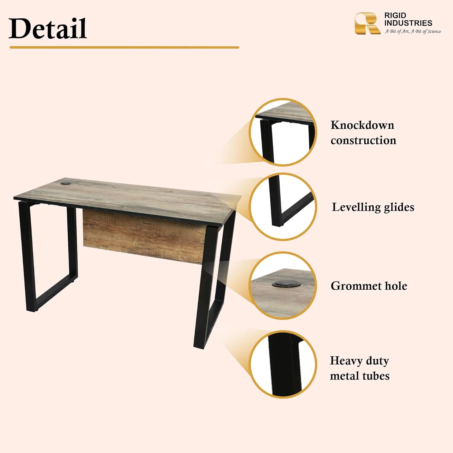 میز کار تکی RIGID با فریم فولادی و رویه چوبی، میز اداری خانگی (مشکی)