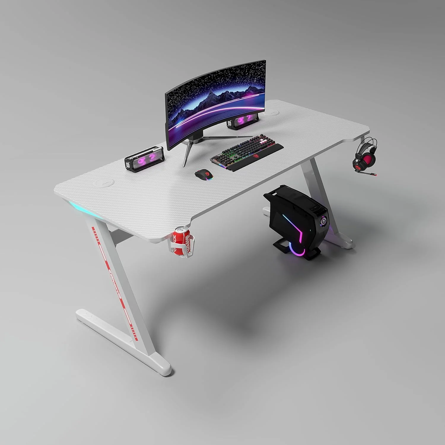 میز بازی، میز کامپیوتر طرح Z، میز تحریر ارگونومیک برای خانه و محل کار، با سطح فیبر کربنی، قلاب هدفون و جا لیوانی، پد ماوس، چراغ های LED (سفید) میز بازی، میز کامپیوتر طرح Z، میز تحریر ارگونومیک برای خانه و محل کار، با سطح فیبر کربنی، قلاب هدفون و جا لیوانی، پد ماوس، چراغ های LED (سفید)