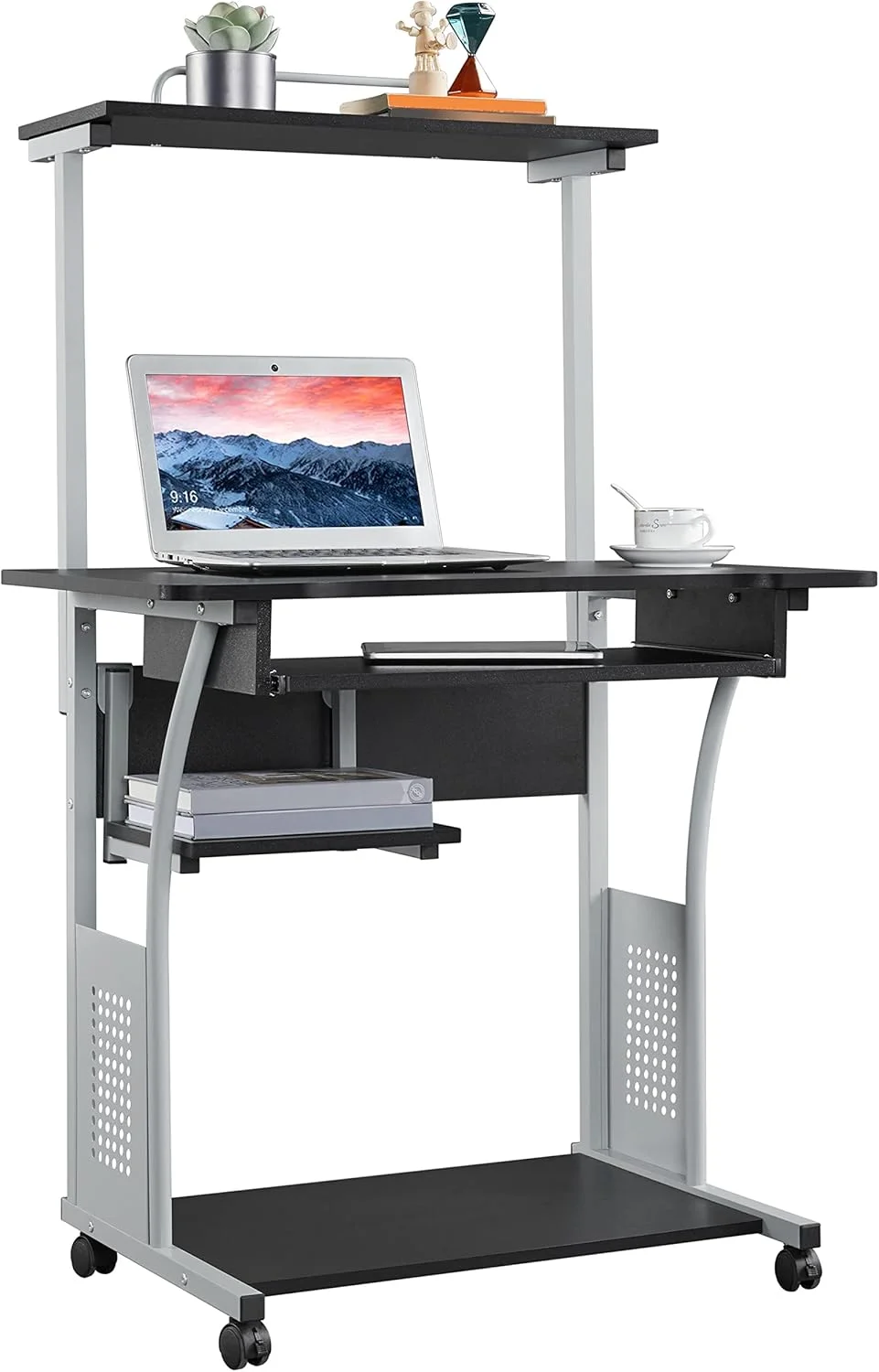 میز کامپیوتر دو طبقه چرخ دار Yaheetech مناسب منزل و اداره، دارای سینی کیبورد و قفسه پرینتر، میز مطالعه و میز گوشه ای برای فضاهای کوچک - مشکی میز کامپیوتر دو طبقه چرخ دار Yaheetech مناسب منزل و اداره، دارای سینی کیبورد و قفسه پرینتر، میز مطالعه و میز گوشه ای برای فضاهای کوچک - مشکی