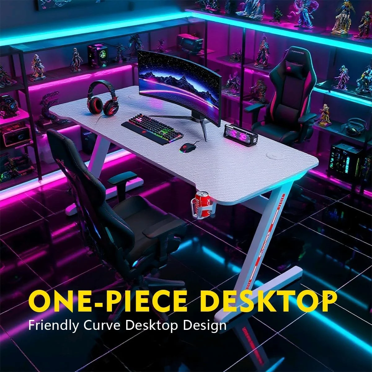 میز بازی، میز کامپیوتر طرح Z، میز تحریر ارگونومیک برای خانه و محل کار، با سطح فیبر کربنی، قلاب هدفون و جا لیوانی، پد ماوس، چراغ های LED (سفید) میز بازی، میز کامپیوتر طرح Z، میز تحریر ارگونومیک برای خانه و محل کار، با سطح فیبر کربنی، قلاب هدفون و جا لیوانی، پد ماوس، چراغ های LED (سفید)