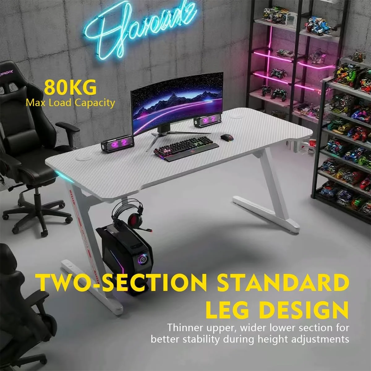 میز بازی، میز کامپیوتر طرح Z، میز تحریر ارگونومیک برای خانه و محل کار، با سطح فیبر کربنی، قلاب هدفون و جا لیوانی، پد ماوس، چراغ های LED (سفید) میز بازی، میز کامپیوتر طرح Z، میز تحریر ارگونومیک برای خانه و محل کار، با سطح فیبر کربنی، قلاب هدفون و جا لیوانی، پد ماوس، چراغ های LED (سفید)