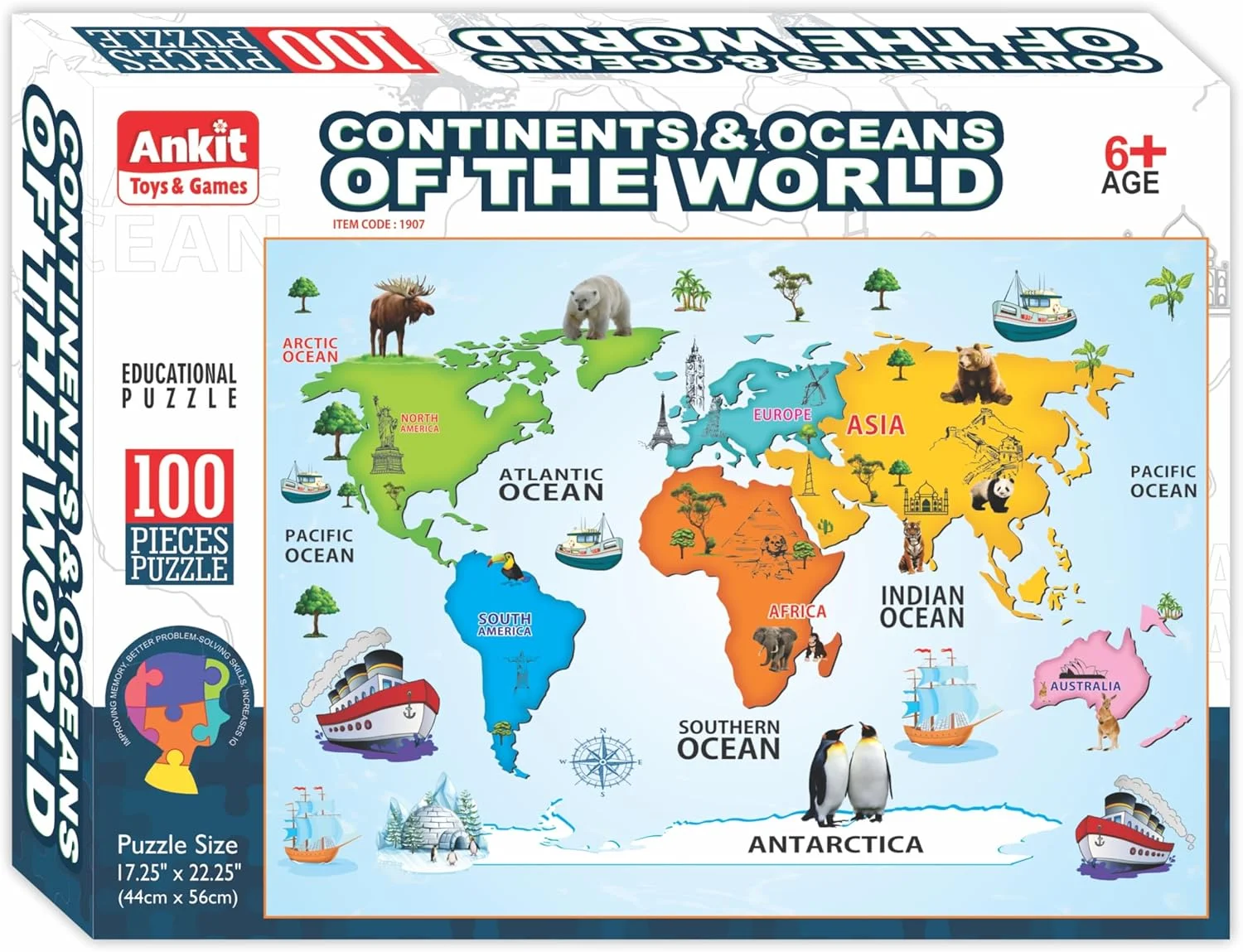 پازل 100 تکه قاره ها و اقیانوس ها برای کودکان 6 سال به بالا، پازل جغرافیایی آموزشی و جذاب با نقشه رنگارنگ برای یادگیری در خانه یا کلاس