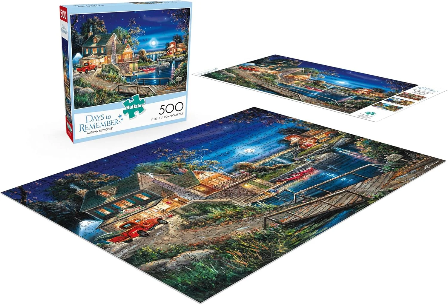 بازی بوفالو گیمز - روزهایی برای به یاد آوردن - خاطرات پاییزی - پازل اره‌ای 500 تکه، آبی، قرمز، قهوه‌ای، 21.25 اینچ طول × 15 اینچ عرض
