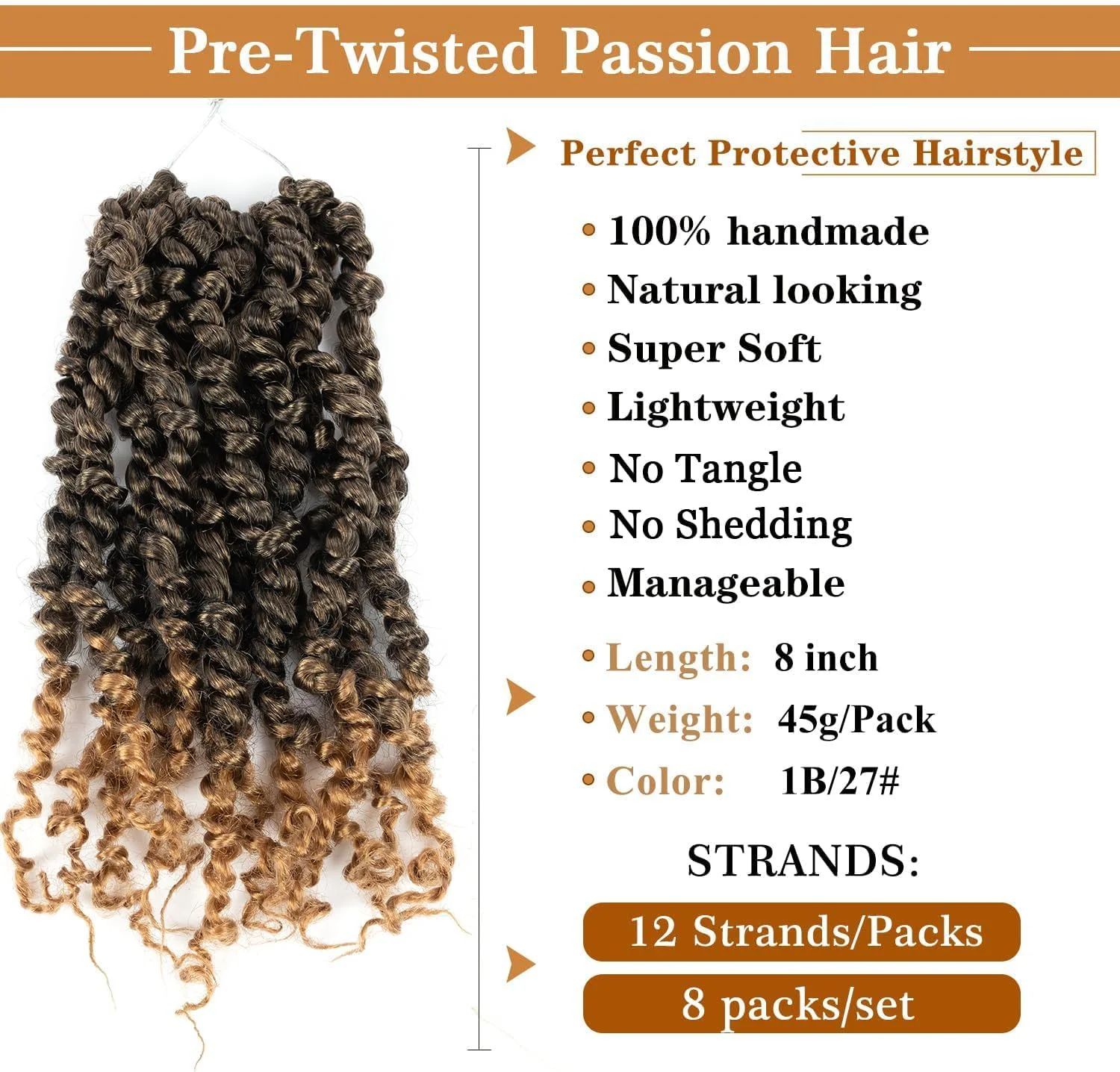 موهای بافته از قبل پیچیده شده مدل Passion Twist YDDM، سایز 8 اینچ، 8 بسته موی بافته از قبل حلقه شده برای زنان، موی بافت کوتاه Passion Twist، اکستنشن موی بافته مصنوعی فرفری (8 اینچ، 1B/27#)