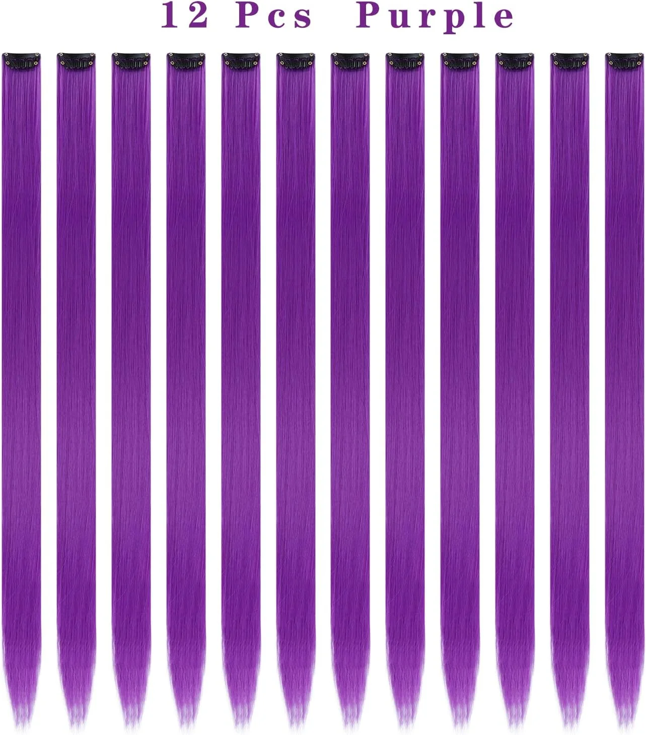 تکه موی مصنوعی گیره دار رنگی 55 سانتی متری، مناسب جشن و مهمانی، 12 عدد (بنفش)