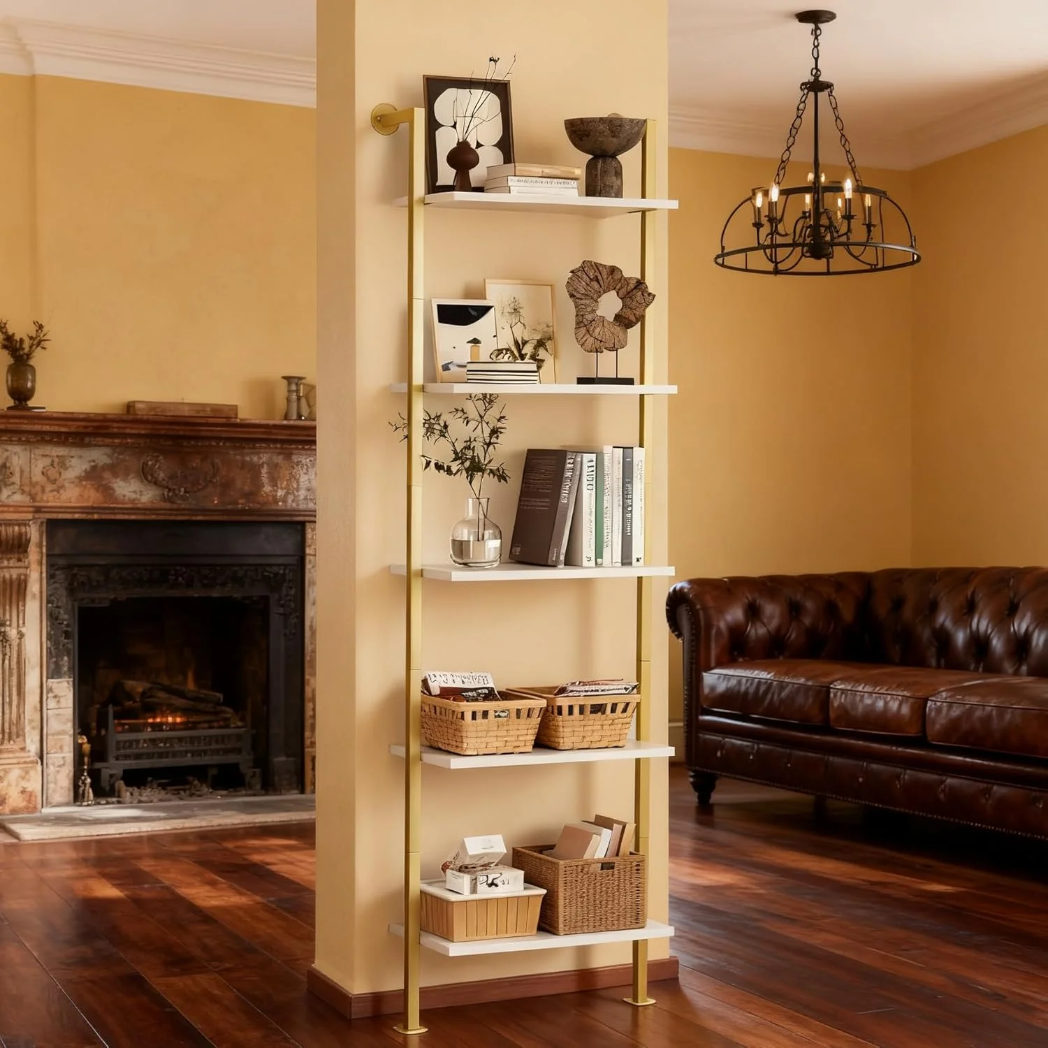 قفسه کتاب 5 طبقه آکوی، قفسه نردبانی چوبی باریک، قفسه نمایشگر، قفسه نردبانی دیواری، قفسه ذخیره سازی برای اتاق نشیمن، اتاق خواب، حمام، سفید و طلایی قفسه کتاب 5 طبقه آکوی، قفسه نردبانی چوبی باریک، قفسه نمایشگر، قفسه نردبانی دیواری، قفسه ذخیره سازی برای اتاق نشیمن، اتاق خواب، حمام، سفید و طلایی