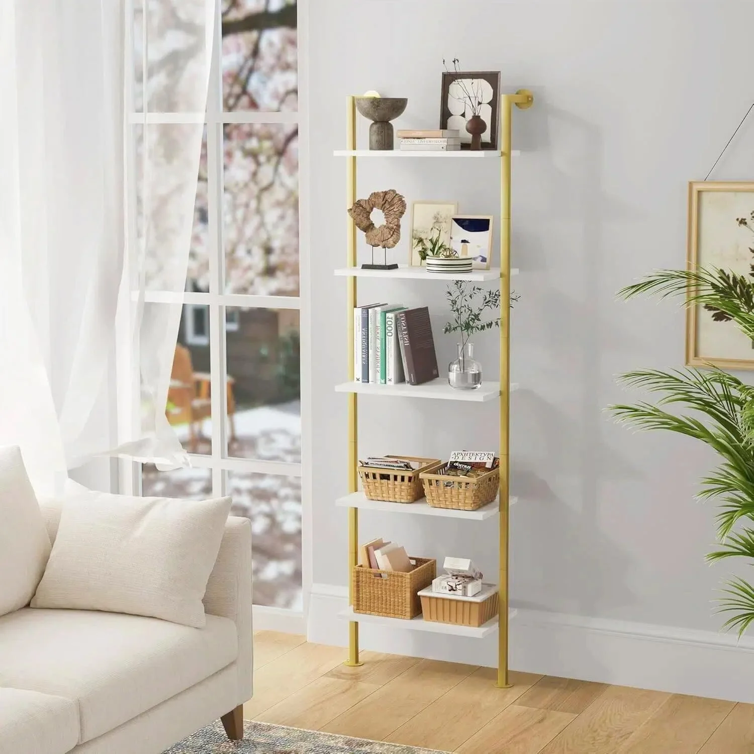 قفسه کتاب 5 طبقه آکوی، قفسه نردبانی چوبی باریک، قفسه نمایشگر، قفسه نردبانی دیواری، قفسه ذخیره سازی برای اتاق نشیمن، اتاق خواب، حمام، سفید و طلایی قفسه کتاب 5 طبقه آکوی، قفسه نردبانی چوبی باریک، قفسه نمایشگر، قفسه نردبانی دیواری، قفسه ذخیره سازی برای اتاق نشیمن، اتاق خواب، حمام، سفید و طلایی