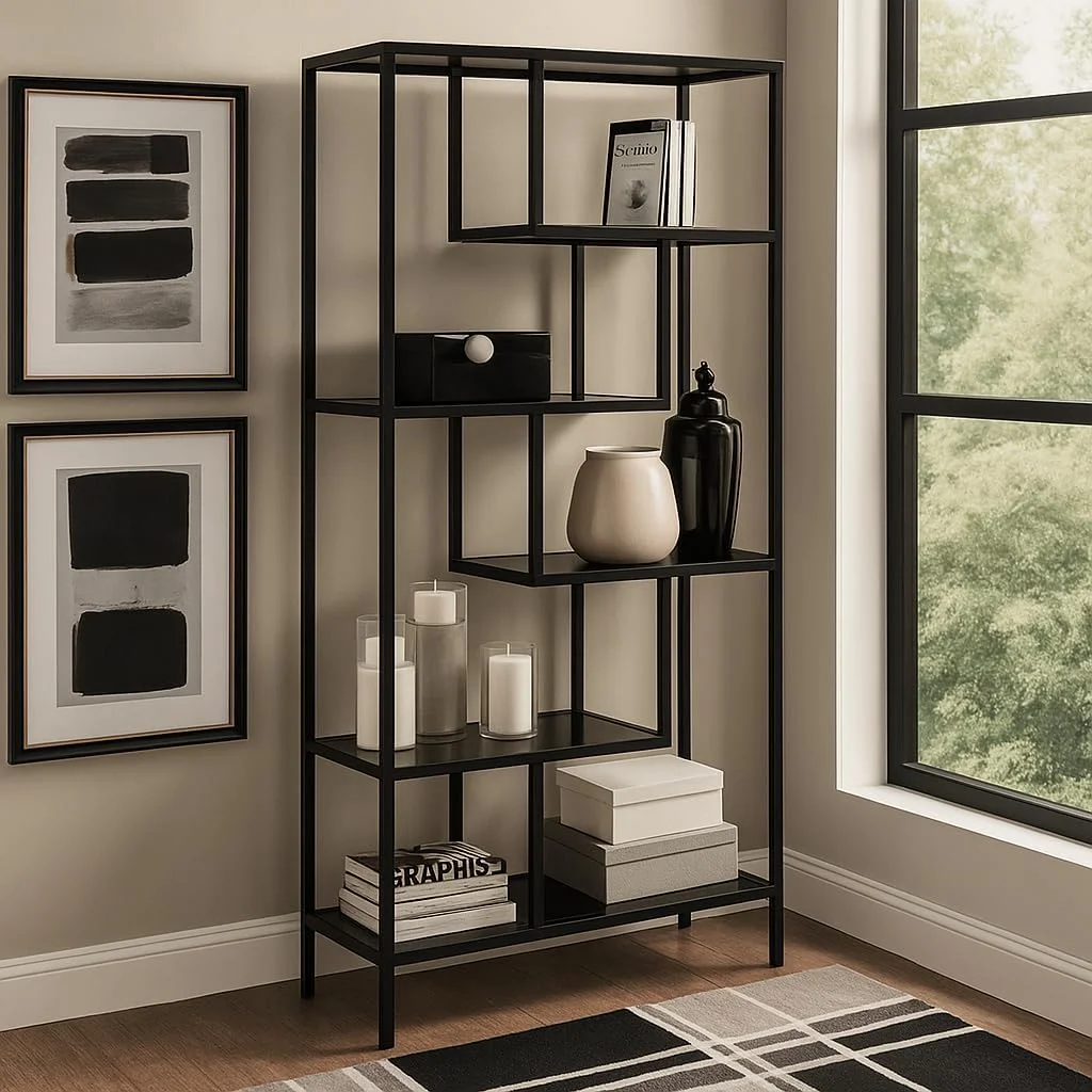 کتابخانه 6 طبقه با قاب فلزی و طبقات شیشه ای – کتابخانه مدرن و بلند برای دفتر کار خانگی، اتاق نشیمن، اتاق خواب – قفسه نمایش باز و شیک (مشکی) کتابخانه 6 طبقه با قاب فلزی و طبقات شیشه ای – کتابخانه مدرن و بلند برای دفتر کار خانگی، اتاق نشیمن، اتاق خواب – قفسه نمایش باز و شیک (مشکی)