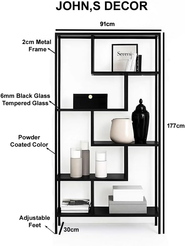 کتابخانه 6 طبقه با قاب فلزی و طبقات شیشه ای – کتابخانه مدرن و بلند برای دفتر کار خانگی، اتاق نشیمن، اتاق خواب – قفسه نمایش باز و شیک (مشکی) کتابخانه 6 طبقه با قاب فلزی و طبقات شیشه ای – کتابخانه مدرن و بلند برای دفتر کار خانگی، اتاق نشیمن، اتاق خواب – قفسه نمایش باز و شیک (مشکی)