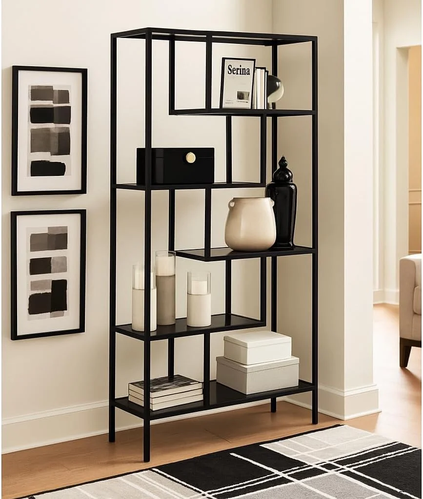 کتابخانه 6 طبقه با قاب فلزی و طبقات شیشه ای – کتابخانه مدرن و بلند برای دفتر کار خانگی، اتاق نشیمن، اتاق خواب – قفسه نمایش باز و شیک (مشکی) کتابخانه 6 طبقه با قاب فلزی و طبقات شیشه ای – کتابخانه مدرن و بلند برای دفتر کار خانگی، اتاق نشیمن، اتاق خواب – قفسه نمایش باز و شیک (مشکی)