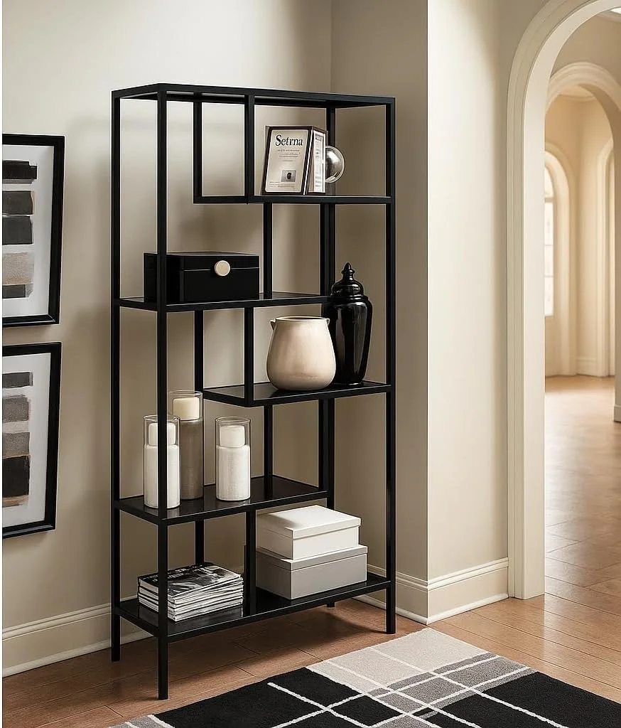 کتابخانه 6 طبقه با قاب فلزی و طبقات شیشه ای – کتابخانه مدرن و بلند برای دفتر کار خانگی، اتاق نشیمن، اتاق خواب – قفسه نمایش باز و شیک (مشکی) کتابخانه 6 طبقه با قاب فلزی و طبقات شیشه ای – کتابخانه مدرن و بلند برای دفتر کار خانگی، اتاق نشیمن، اتاق خواب – قفسه نمایش باز و شیک (مشکی)