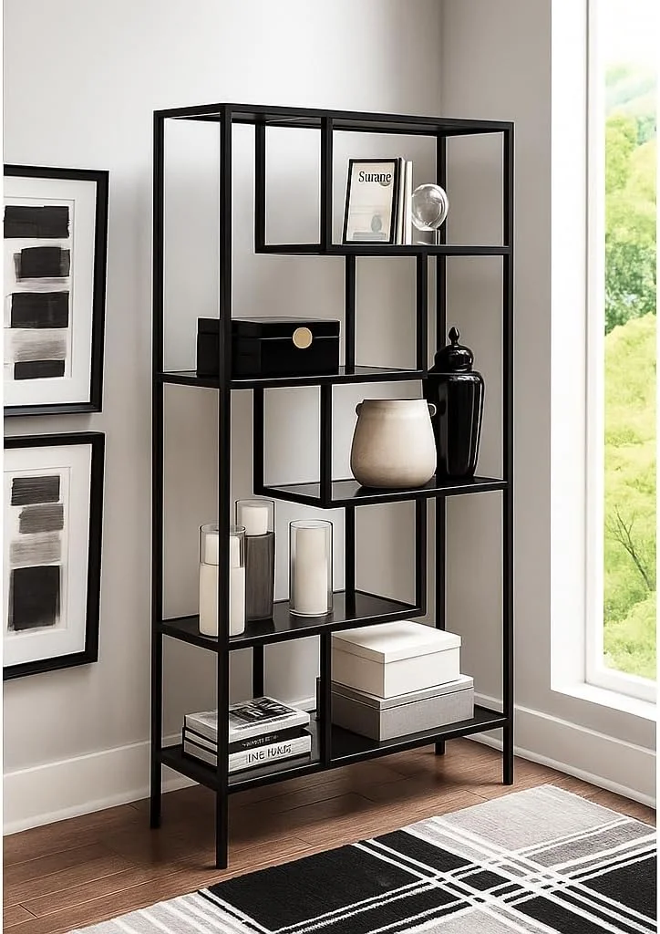 کتابخانه 6 طبقه با قاب فلزی و طبقات شیشه ای – کتابخانه مدرن و بلند برای دفتر کار خانگی، اتاق نشیمن، اتاق خواب – قفسه نمایش باز و شیک (مشکی) کتابخانه 6 طبقه با قاب فلزی و طبقات شیشه ای – کتابخانه مدرن و بلند برای دفتر کار خانگی، اتاق نشیمن، اتاق خواب – قفسه نمایش باز و شیک (مشکی)