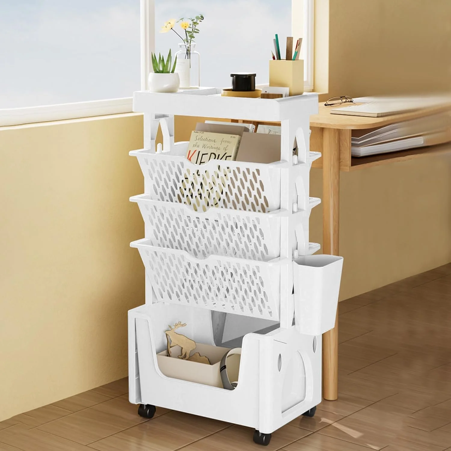 قفسه کتاب متحرک 5 طبقه آنتول با چرخ، قفسه کتاب منحصر به فرد قابل جابجایی، برای خانه و مدرسه، کنار میز، نگهدارنده کتاب و مجله، صرفه جویی در فضا قفسه کتاب متحرک 5 طبقه آنتول با چرخ، قفسه کتاب منحصر به فرد قابل جابجایی، برای خانه و مدرسه، کنار میز، نگهدارنده کتاب و مجله، صرفه جویی در فضا