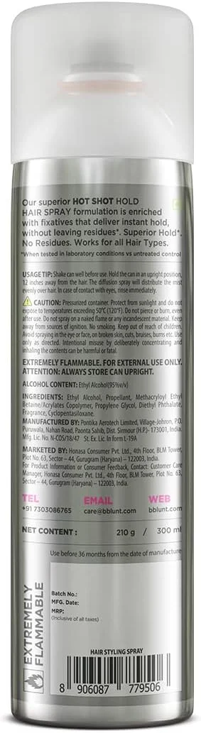 اسپری مو حالت دهنده فوری و ماندگار BBLUNT Hot Shot | اسپری حالت دهنده قوی مو برای خانم ها و آقایان | بدون ایجاد اثر، از بین برنده وز مو، فرمول غیر چسبنده | برای انواع مو | 300 میلی لیتر