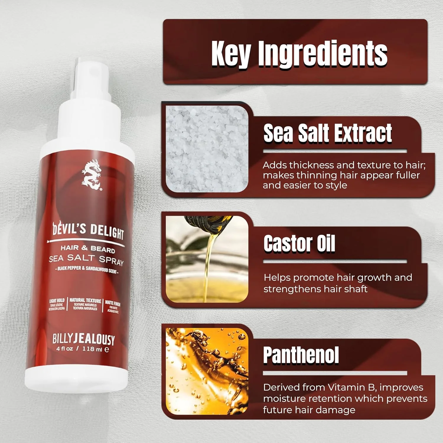 اسپری نمک دریایی بیلی جلاسی Devil's Delight، اسپری حجم دهنده و بافت دهنده مو با نرم کننده طبیعی، 118 میلی لیتر