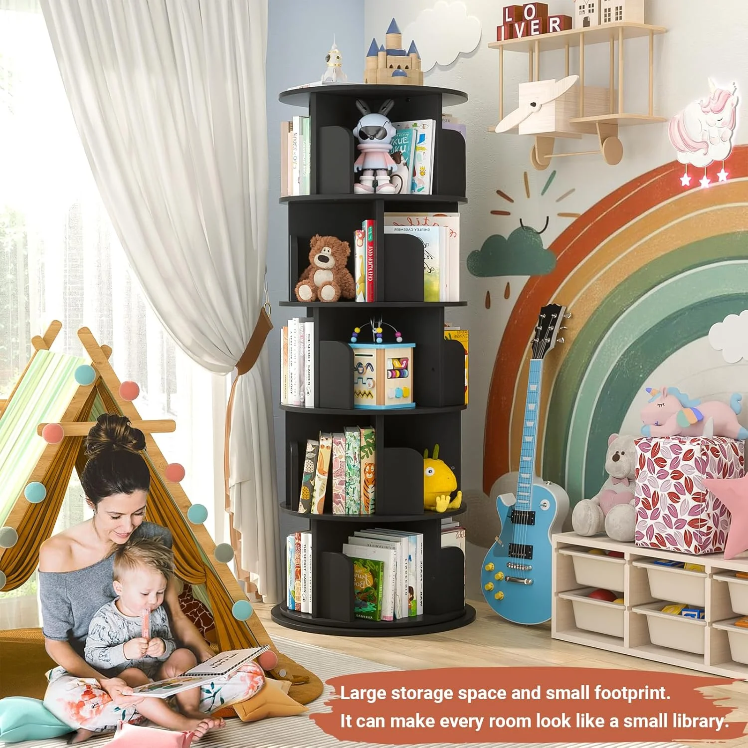 قفسه کتاب چرخشی، قفسه کتاب 5 طبقه، قفسه کتاب باریک و بلند 360 درجه، قفسه کتاب گوشه ای چوبی برای فضای کوچک، مشکی قفسه کتاب چرخشی، قفسه کتاب 5 طبقه، قفسه کتاب باریک و بلند 360 درجه، قفسه کتاب گوشه ای چوبی برای فضای کوچک، مشکی