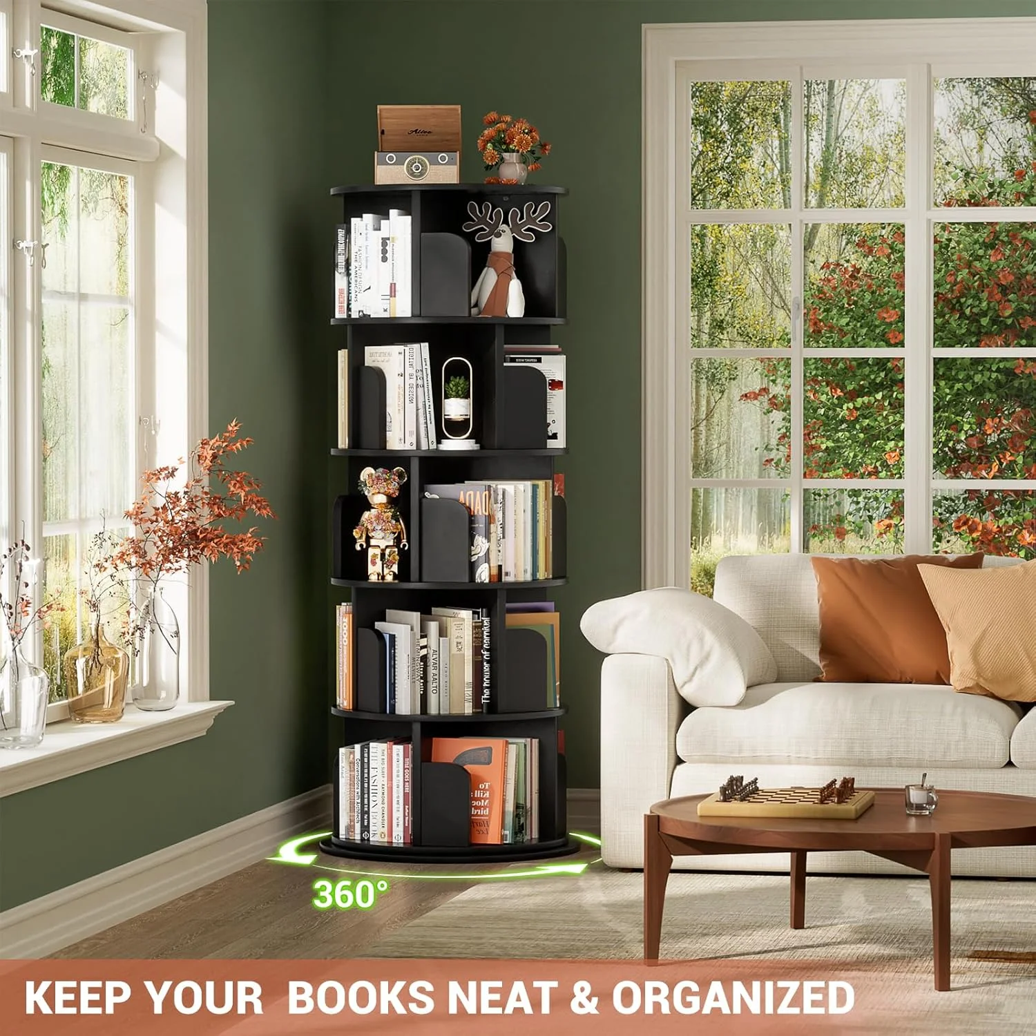 قفسه کتاب چرخشی، قفسه کتاب 5 طبقه، قفسه کتاب باریک و بلند 360 درجه، قفسه کتاب گوشه ای چوبی برای فضای کوچک، مشکی قفسه کتاب چرخشی، قفسه کتاب 5 طبقه، قفسه کتاب باریک و بلند 360 درجه، قفسه کتاب گوشه ای چوبی برای فضای کوچک، مشکی